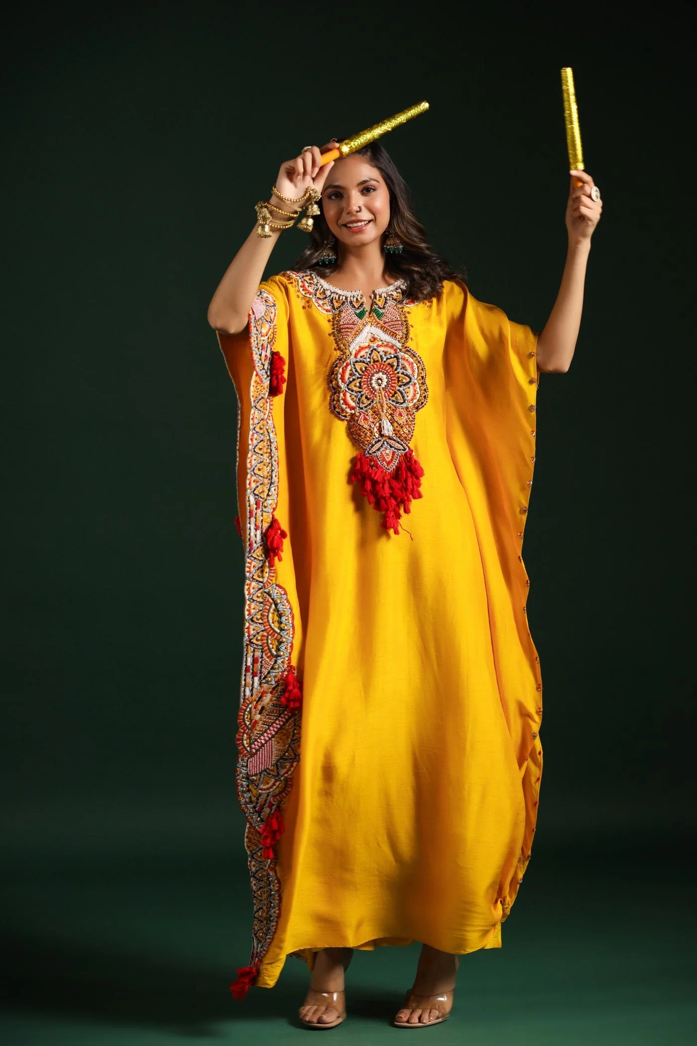 Festive Yellow Embellished Kaftan Pants Set - Image 7