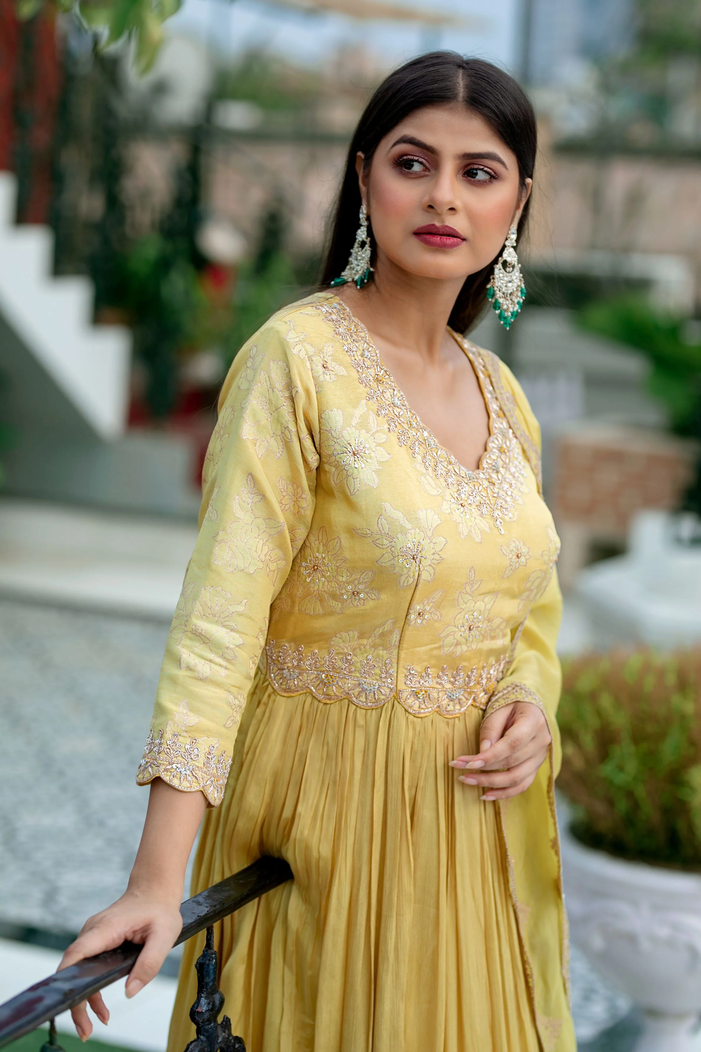 Festive Yellow Embellished Premium Chinon Silk Anarkali Set - Image 3