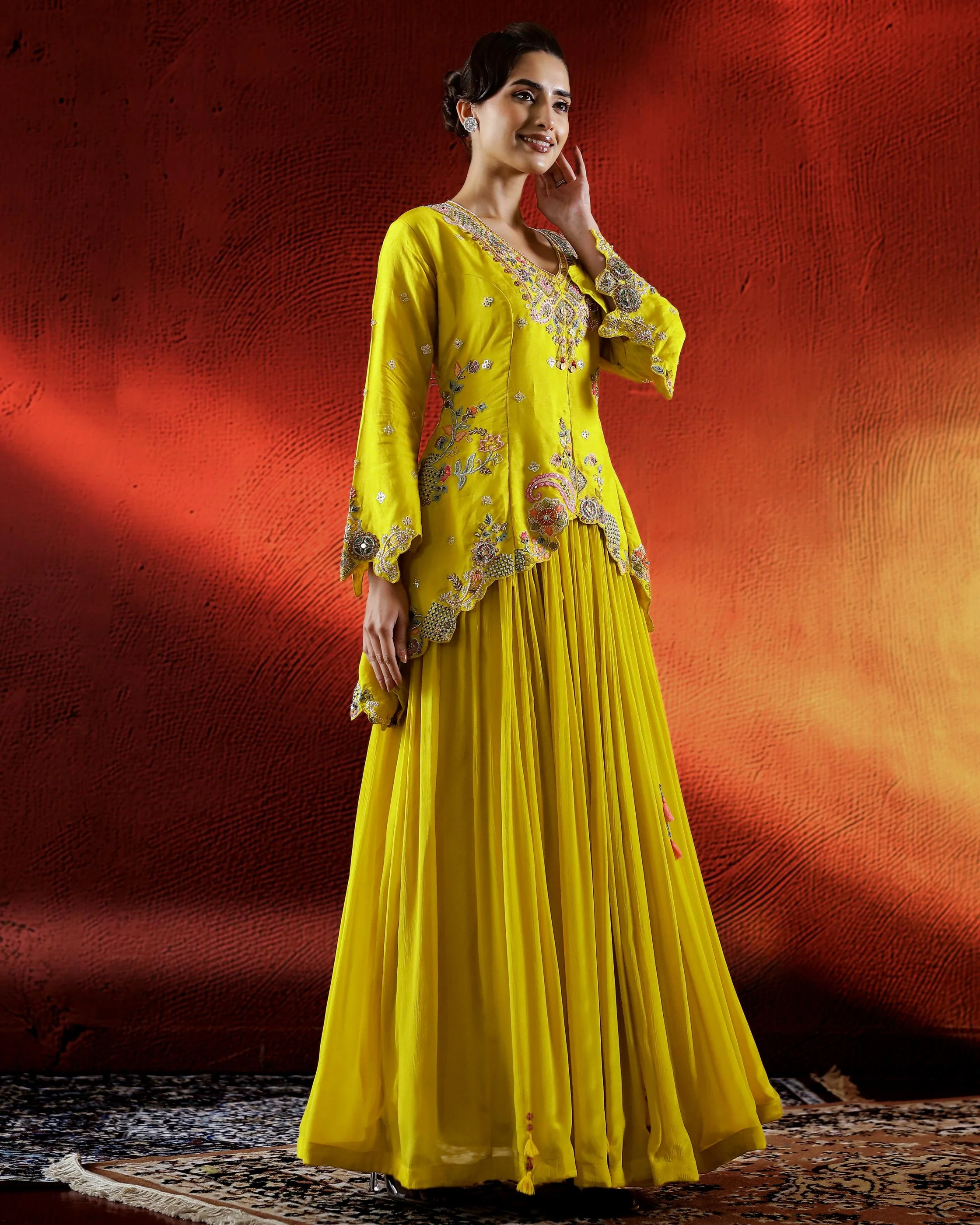 Festive Yellow Embellished Chinon Silk Lehenga Set - Image 3