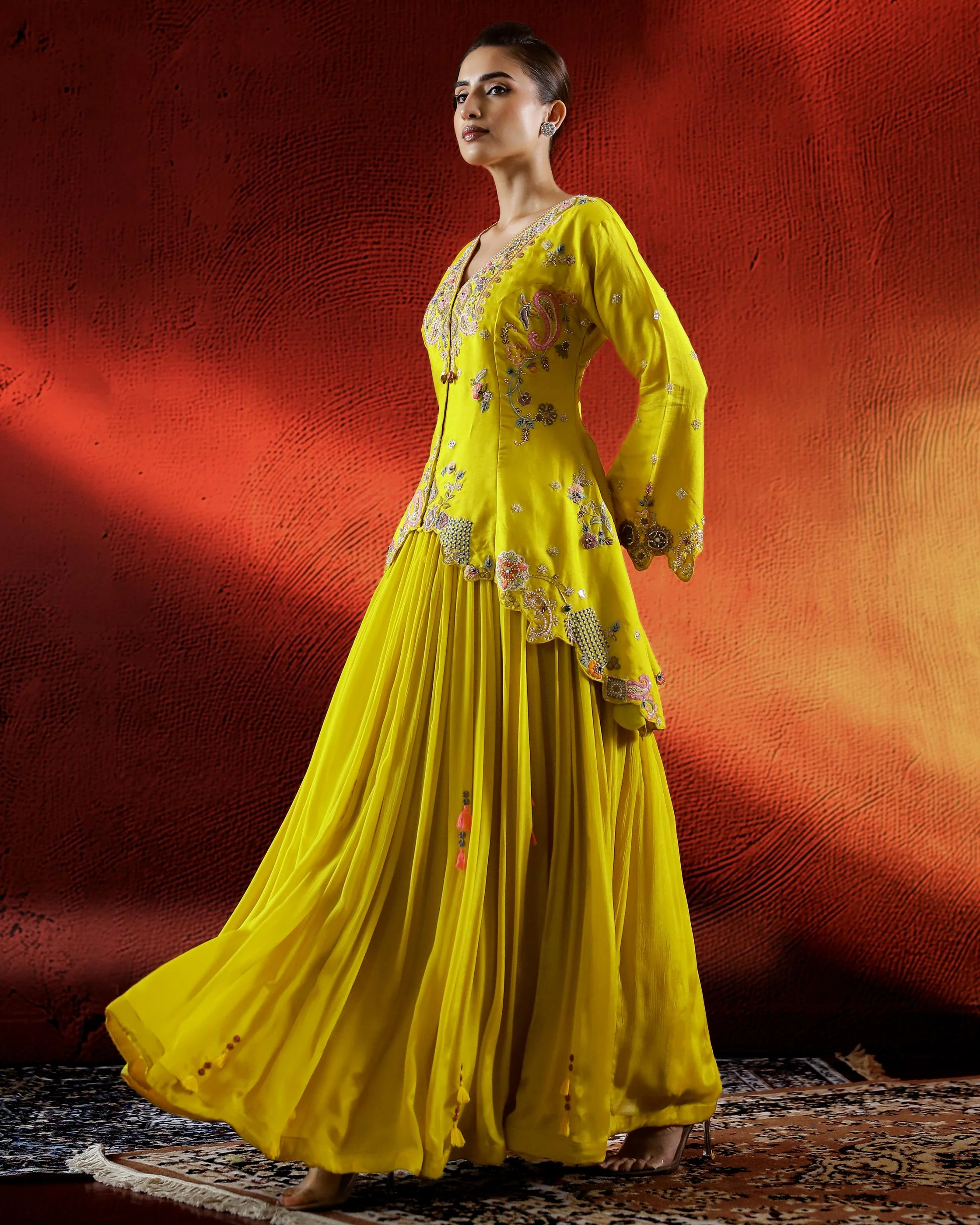 Festive Yellow Embellished Chinon Silk Lehenga Set - Image 4
