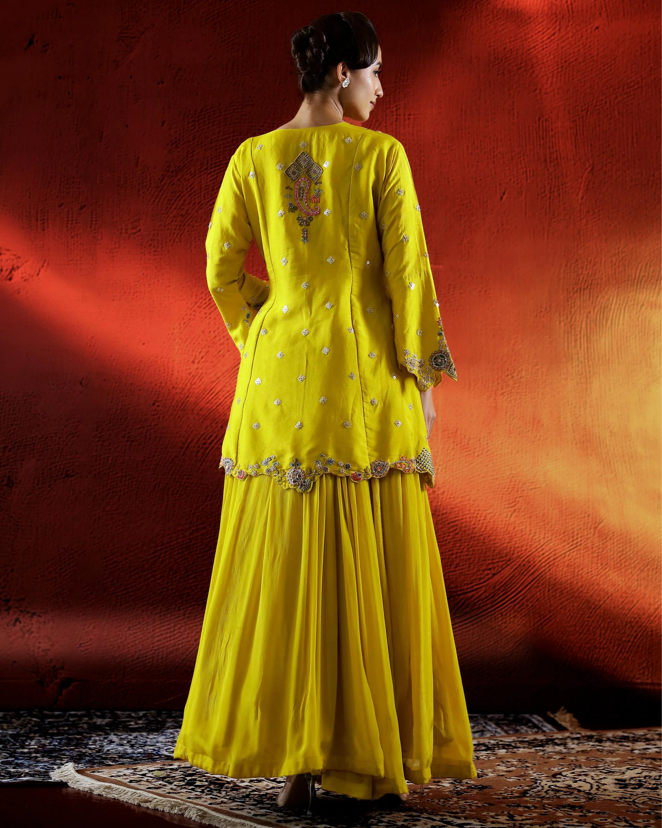 Festive Yellow Embellished Chinon Silk Lehenga Set - Image 5