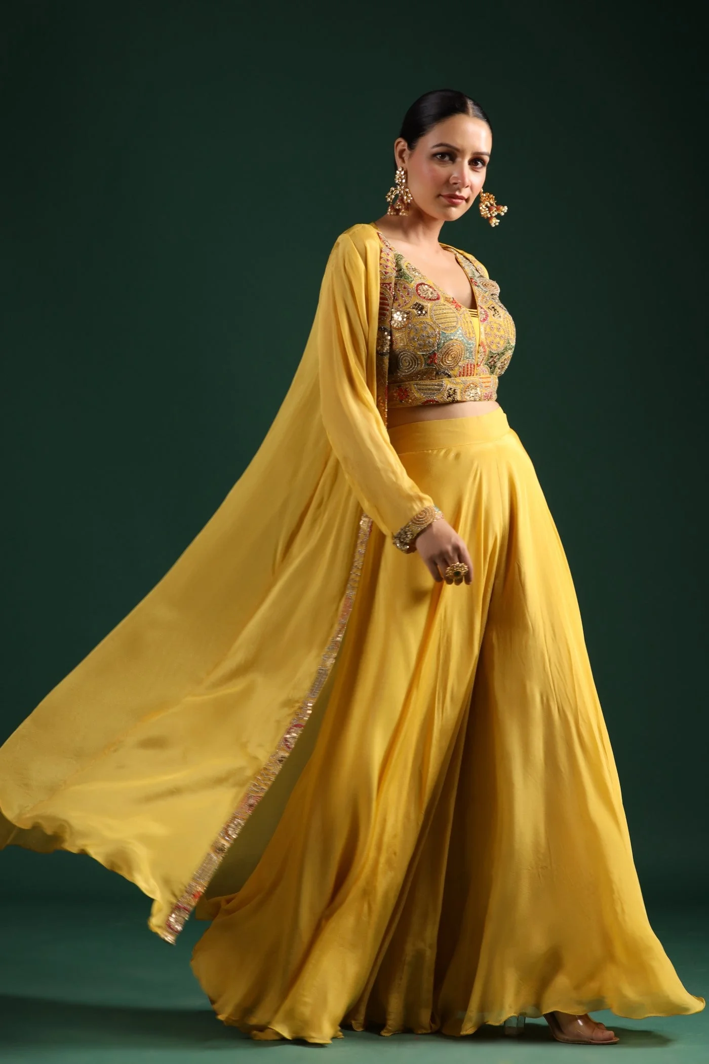 Festive Yellow Embroidered Cape Set - Image 3