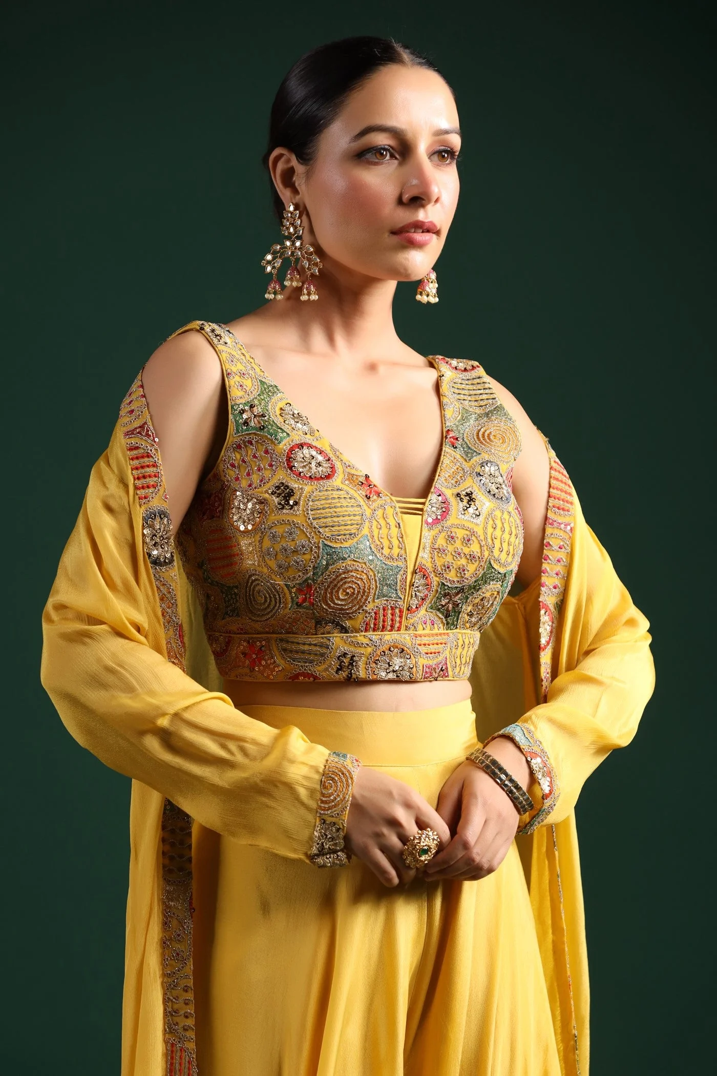 Festive Yellow Embroidered Cape Set - Image 6