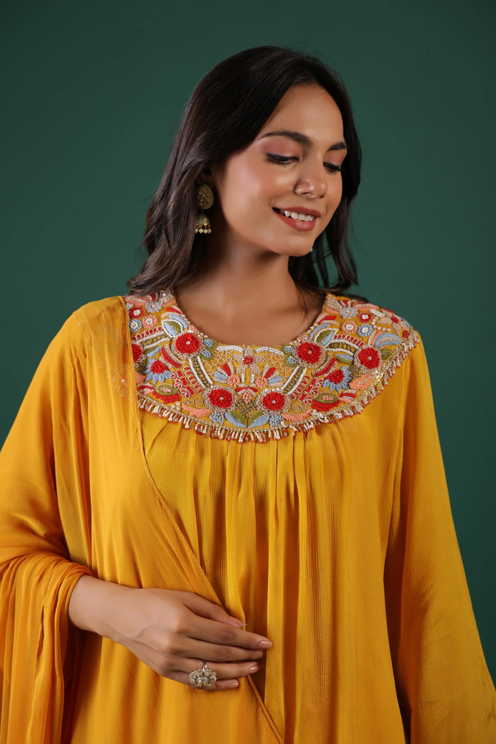 Festive Yellow Embroidered Pure Chinon Silk Pants Set - Image 2