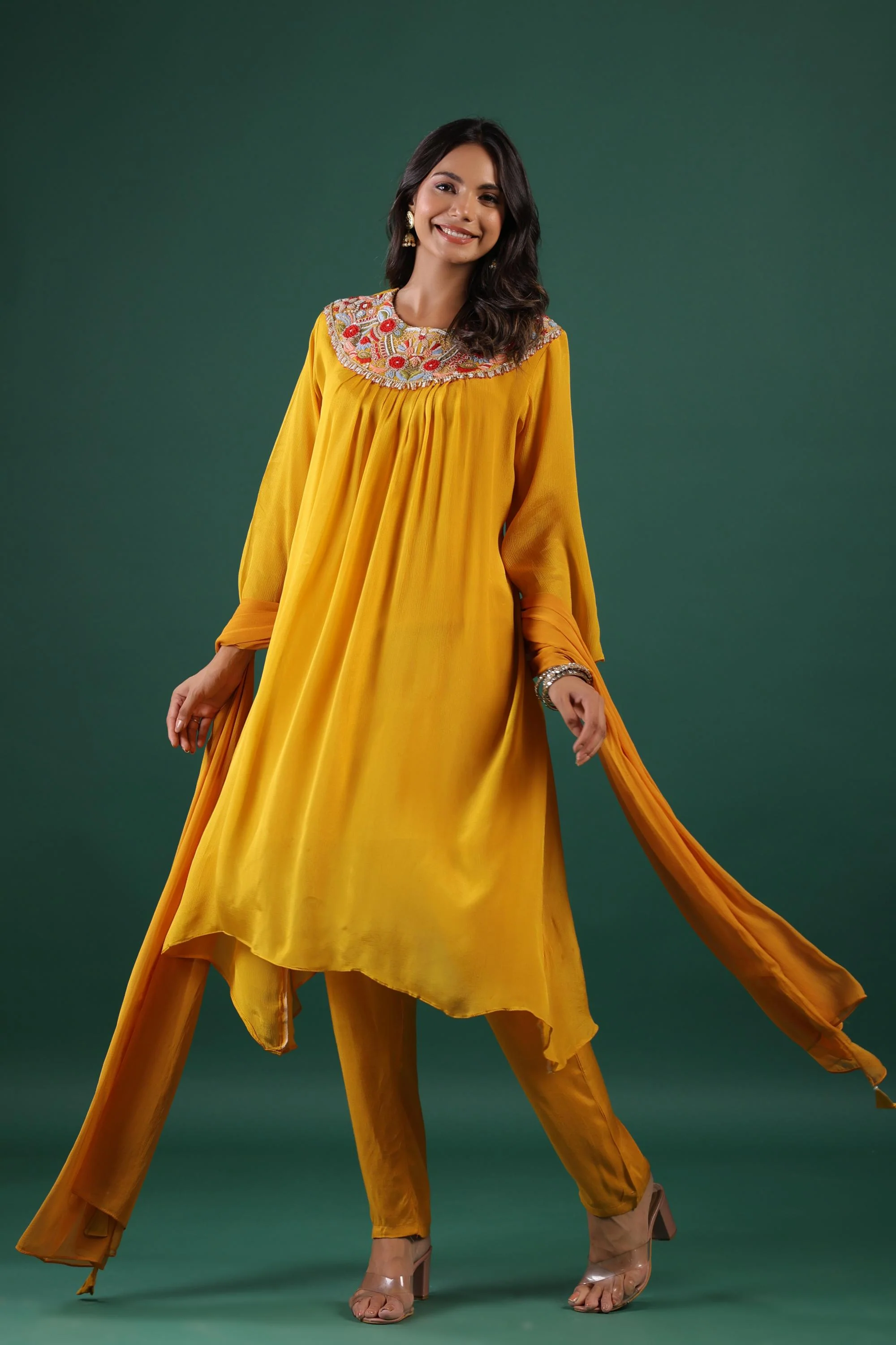 Festive Yellow Embroidered Pure Chinon Silk Pants Set - Image 3