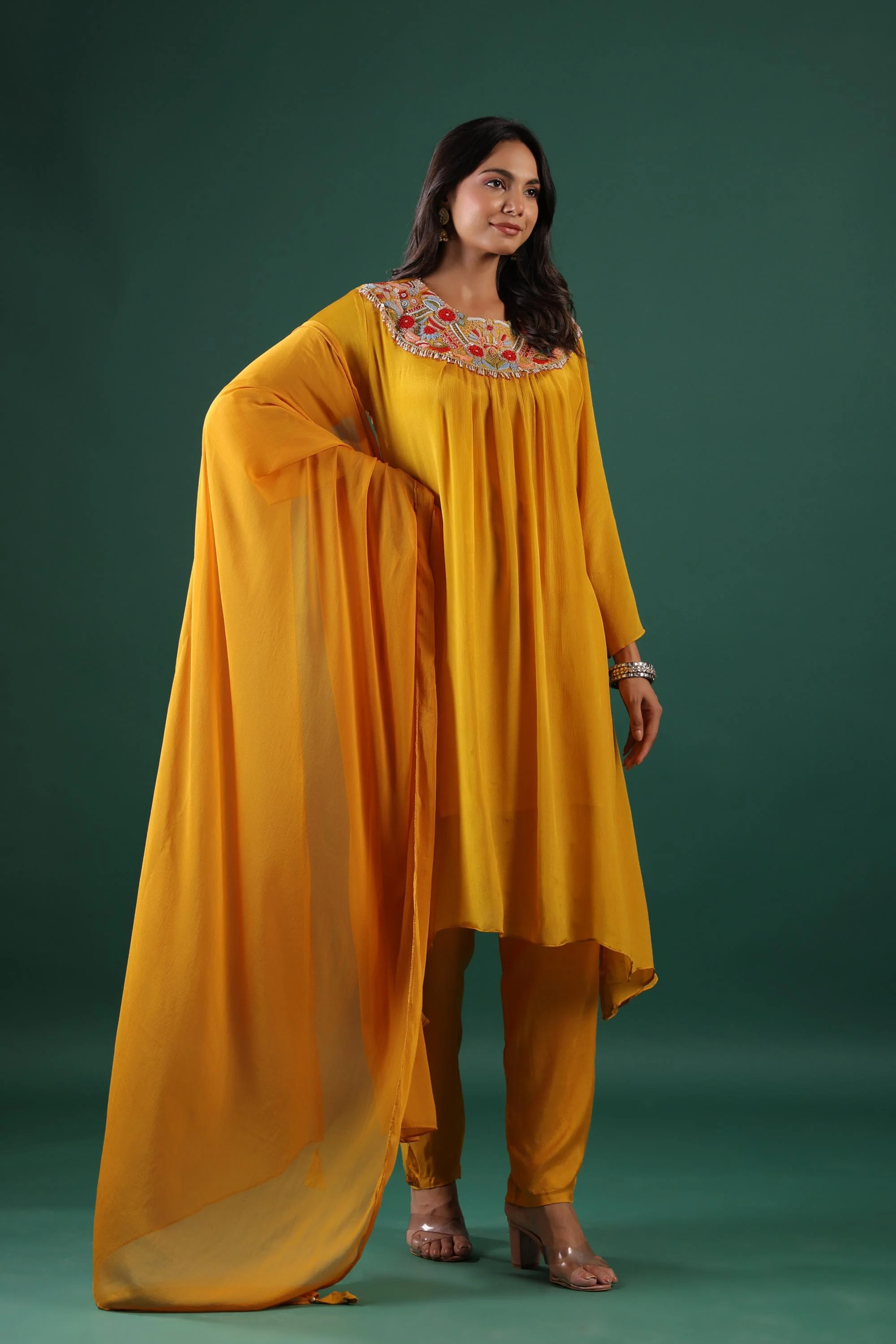 Festive Yellow Embroidered Pure Chinon Silk Pants Set - Image 4