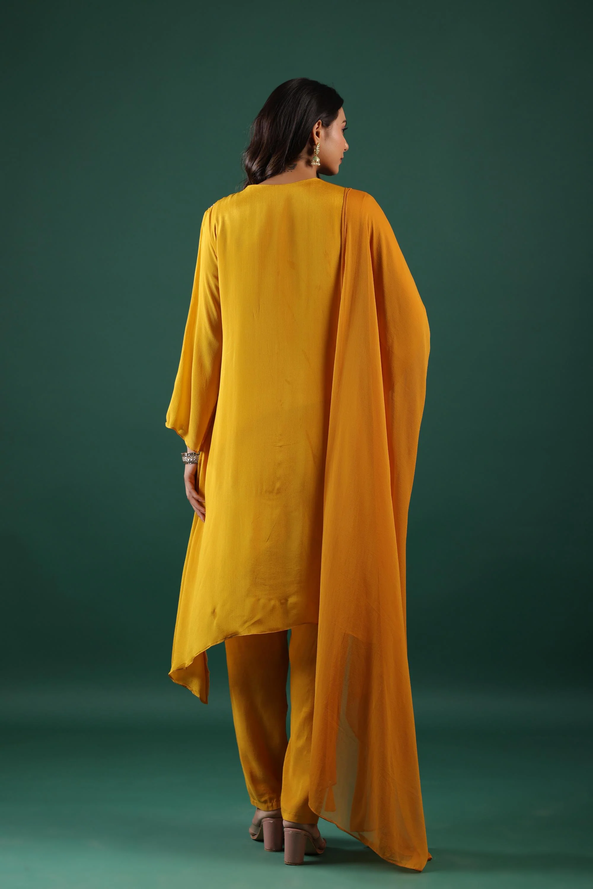 Festive Yellow Embroidered Pure Chinon Silk Pants Set - Image 5