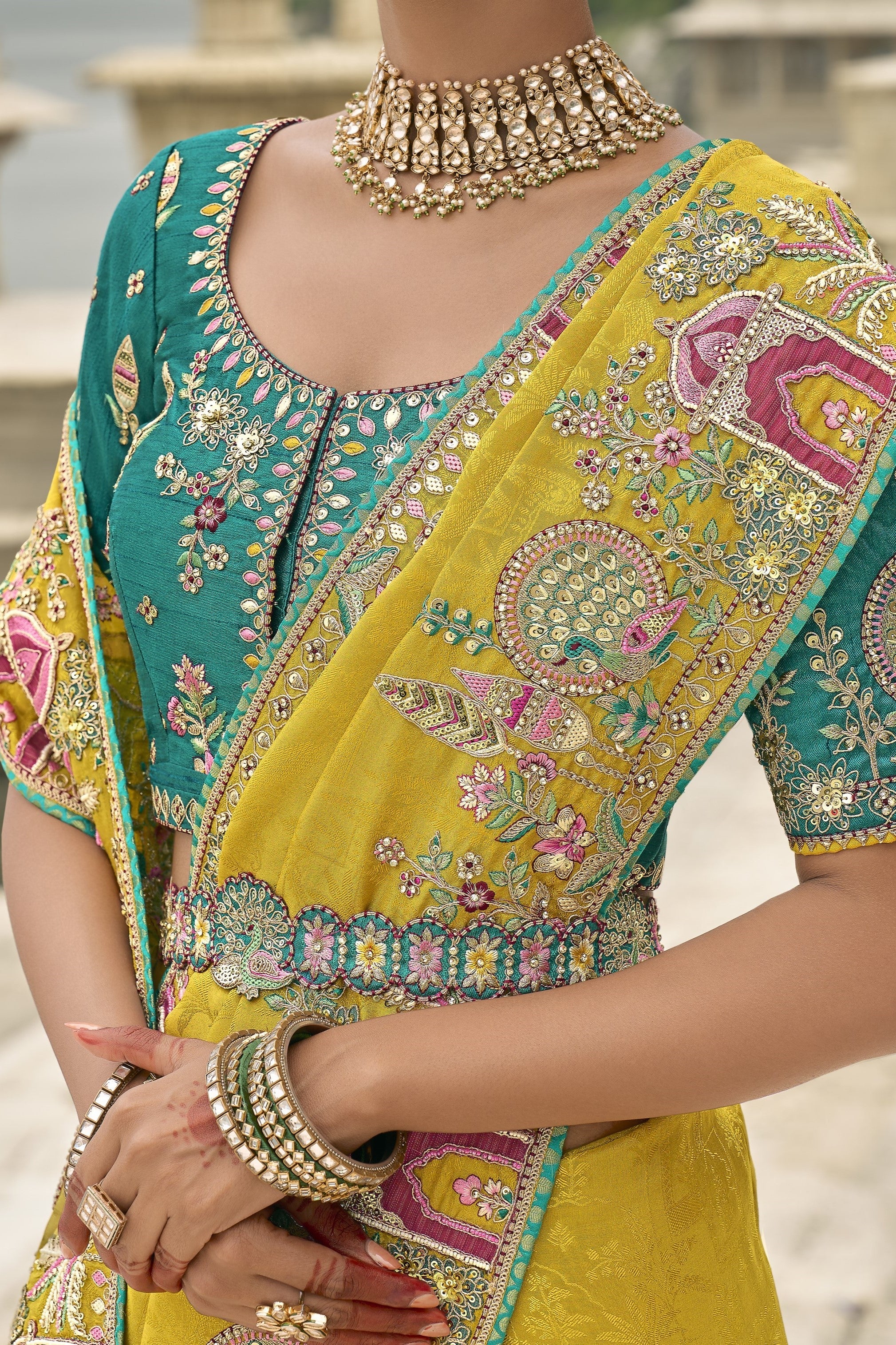Festive Yellow Embroidered Pure Silk Saree - Image 3