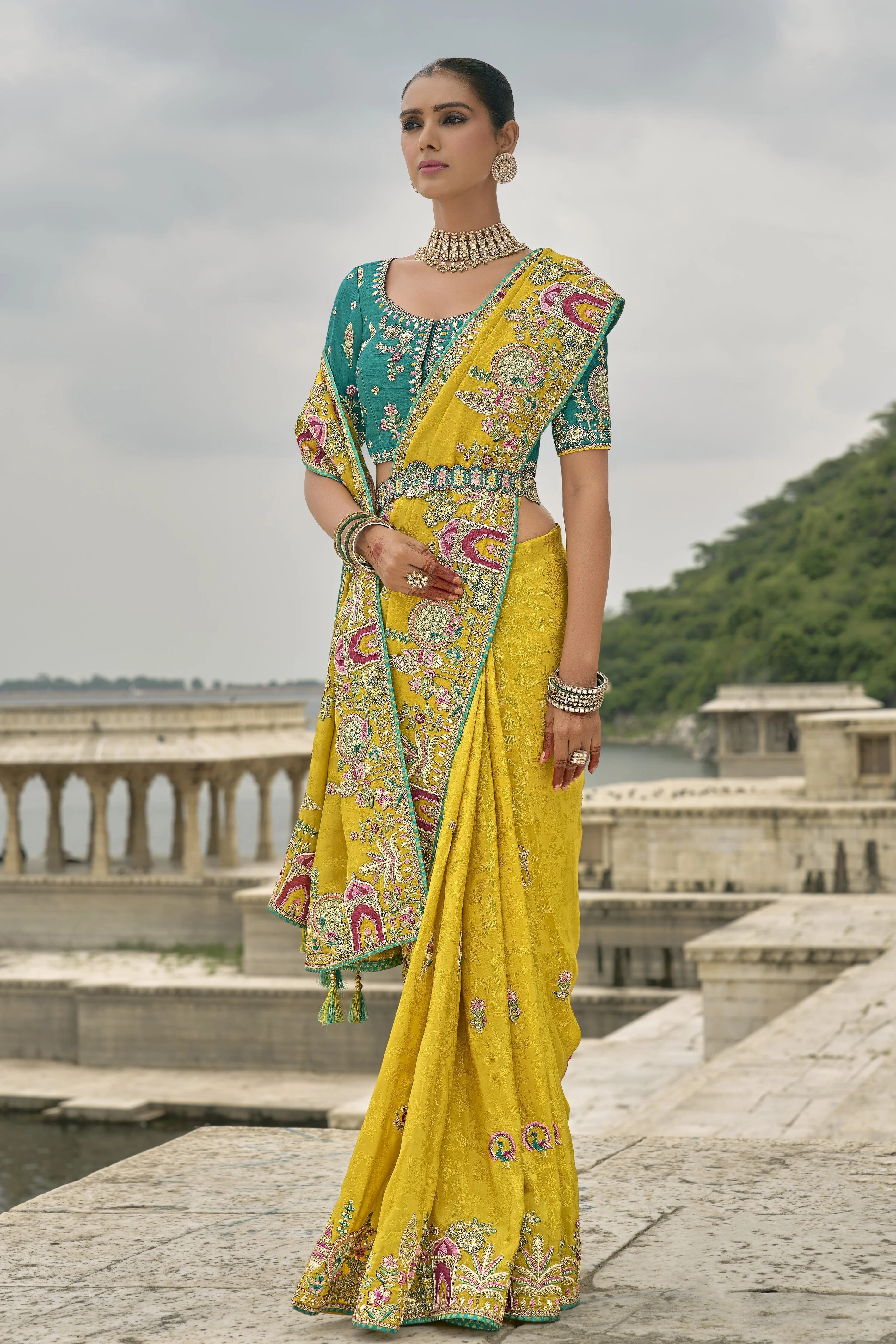 Festive Yellow Embroidered Pure Silk Saree - Image 4