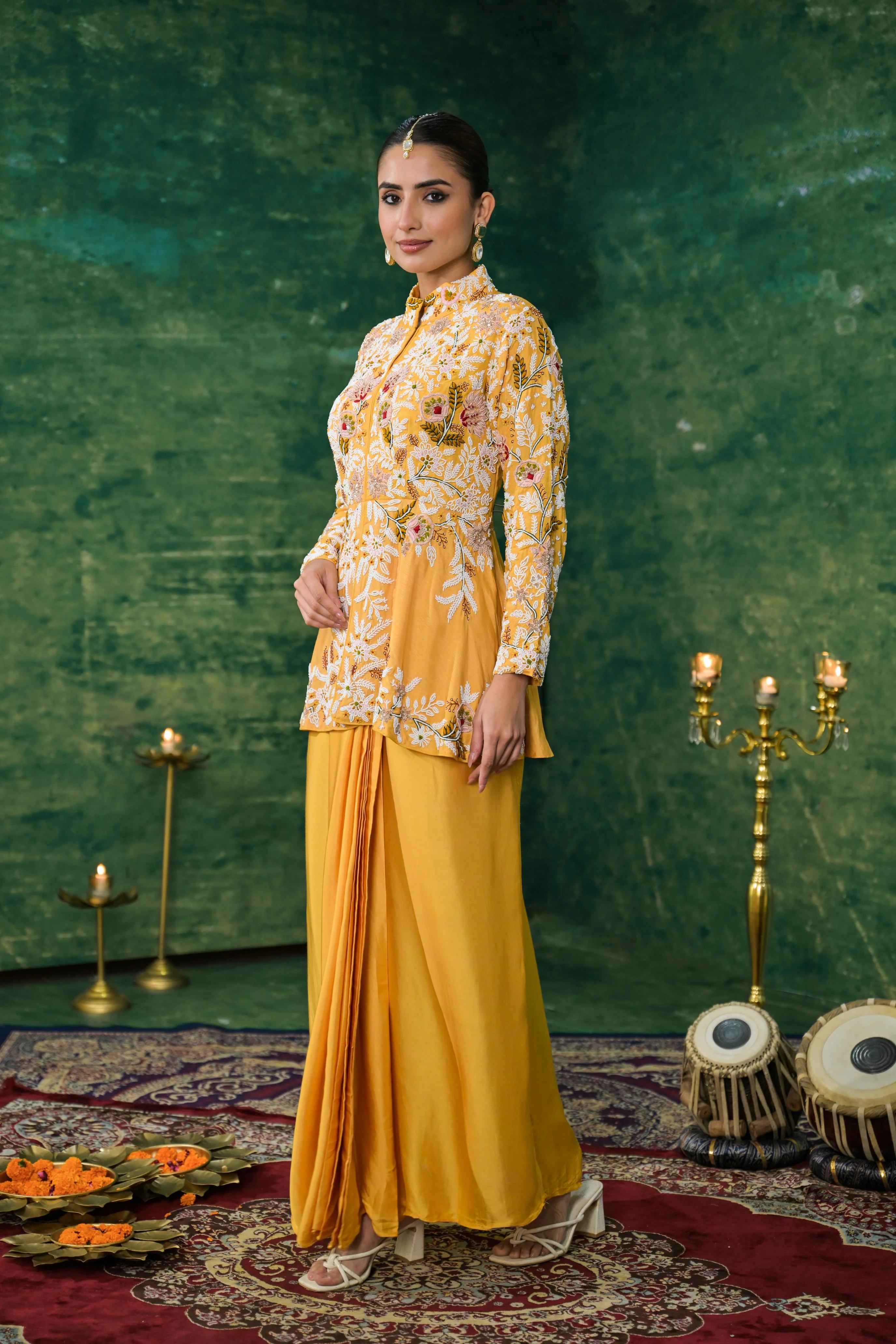 Festive Yellow Embroidered Raw Silk Skirt Set - Image 3