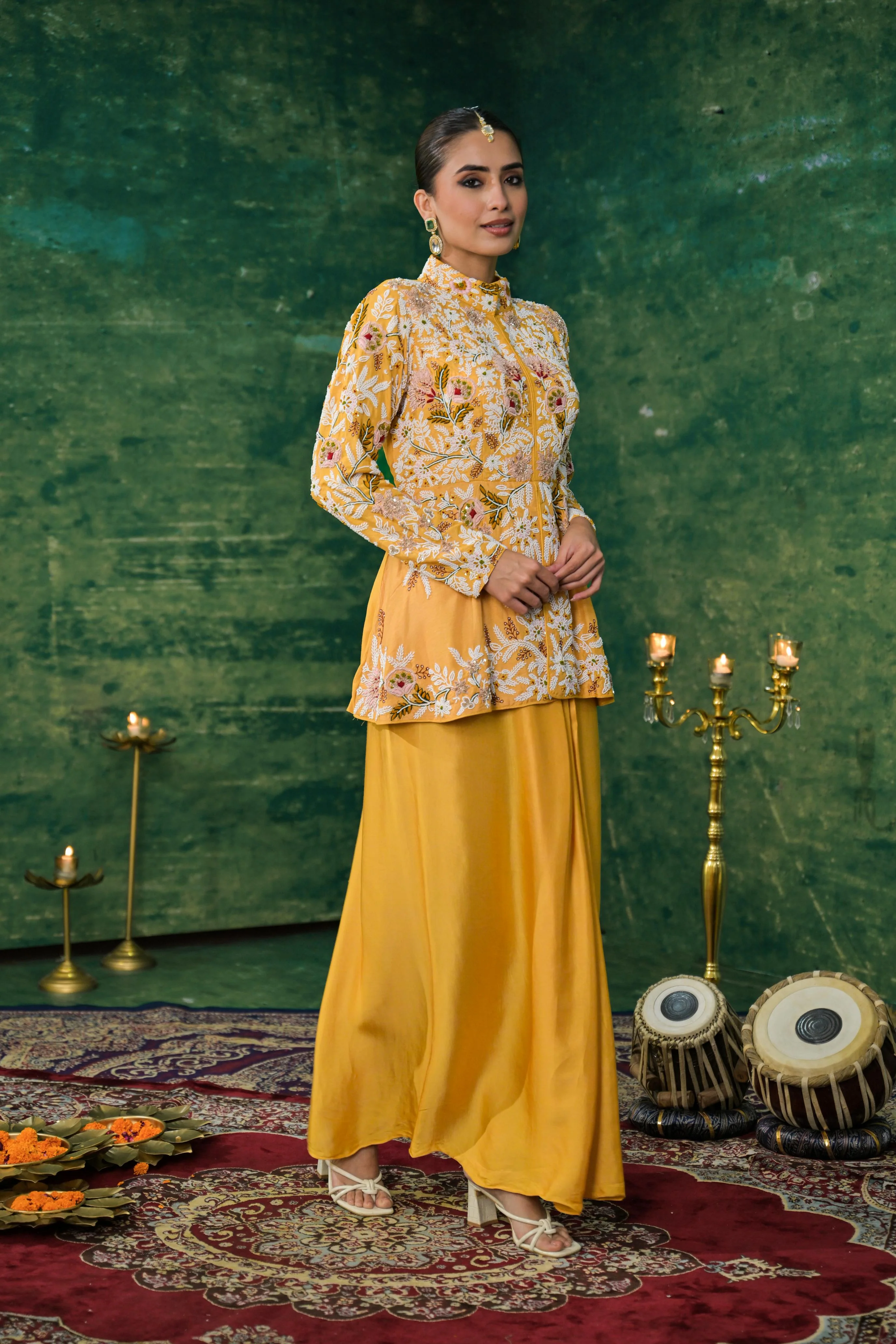 Festive Yellow Embroidered Raw Silk Skirt Set - Image 4