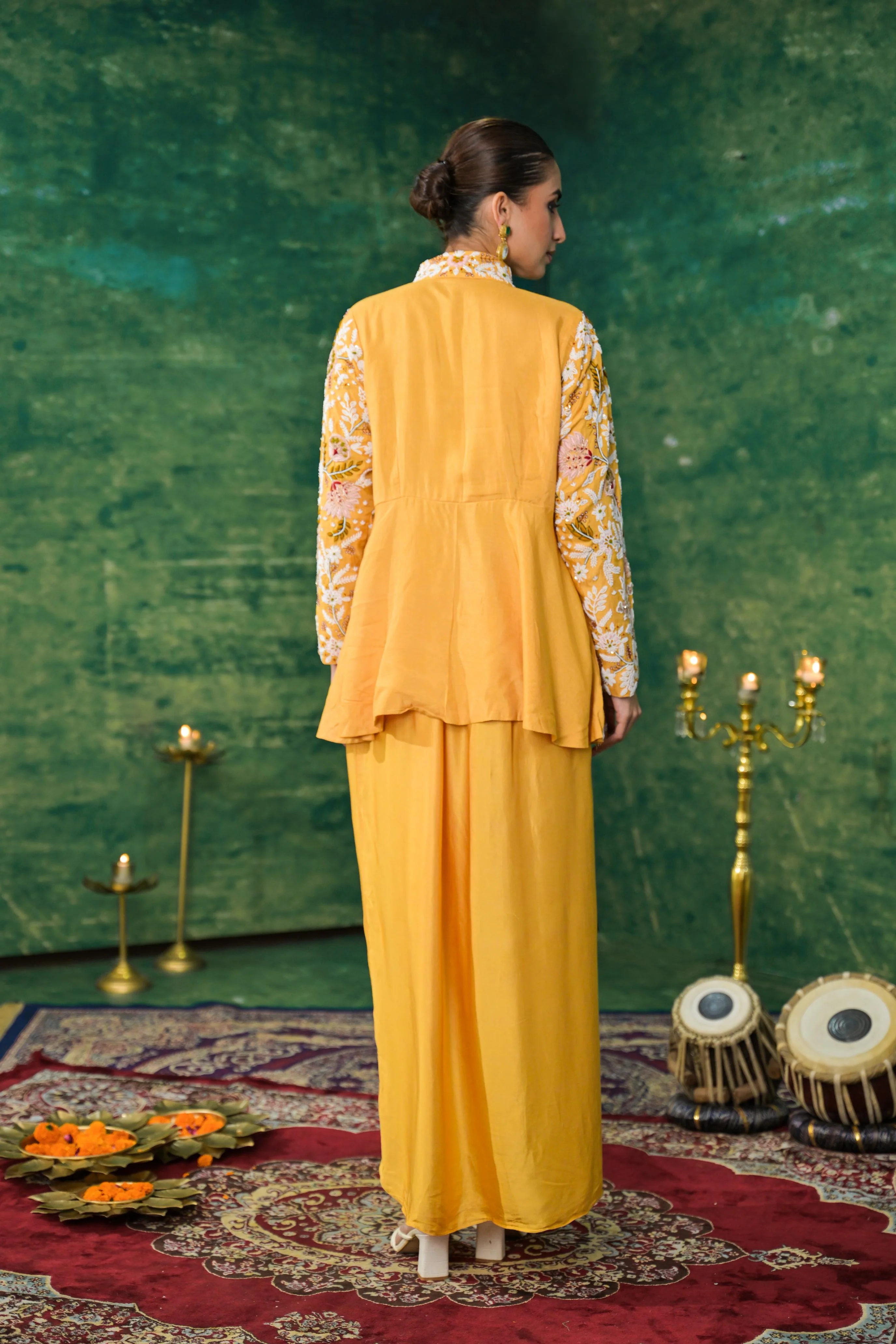 Festive Yellow Embroidered Raw Silk Skirt Set - Image 5