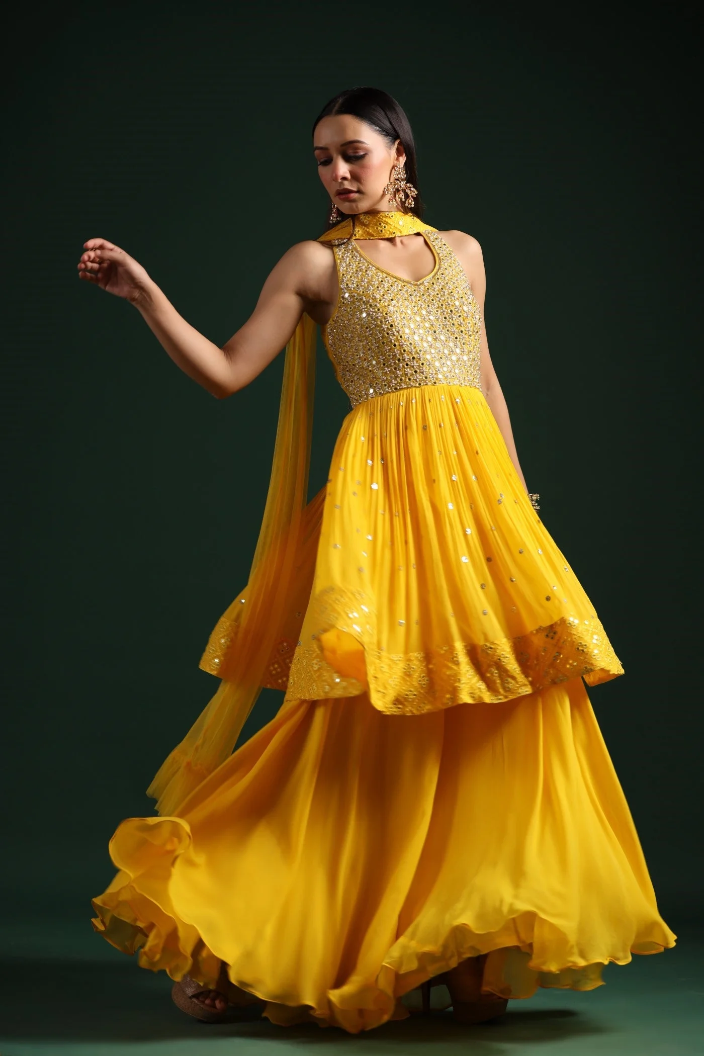 Festive Yellow Mirror Embroidered Peplum Set - Image 3