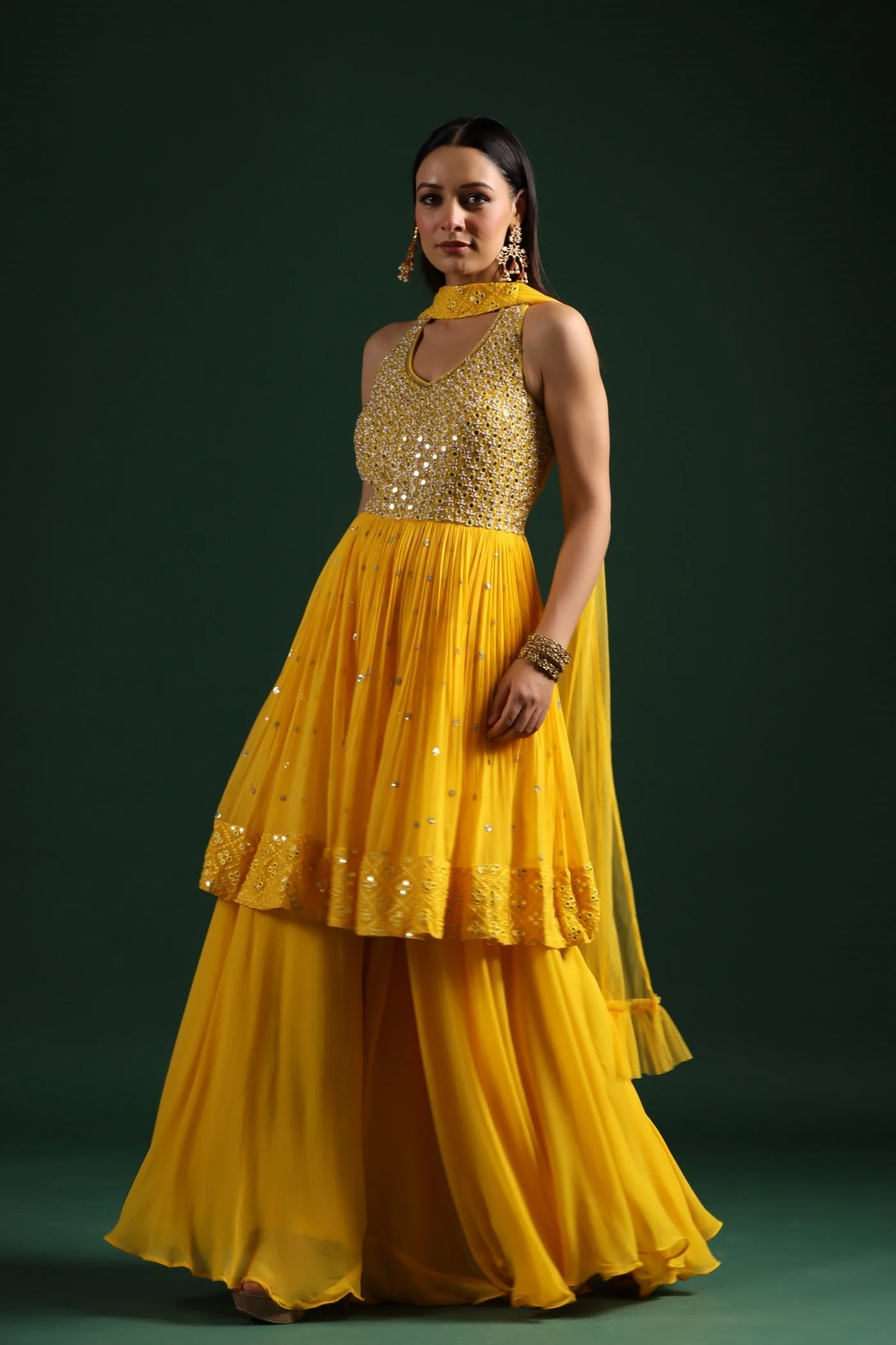 Festive Yellow Mirror Embroidered Peplum Set - Image 4