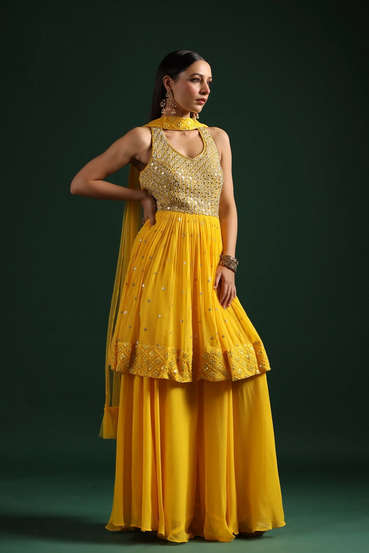 Festive Yellow Mirror Embroidered Peplum Set - Image 5