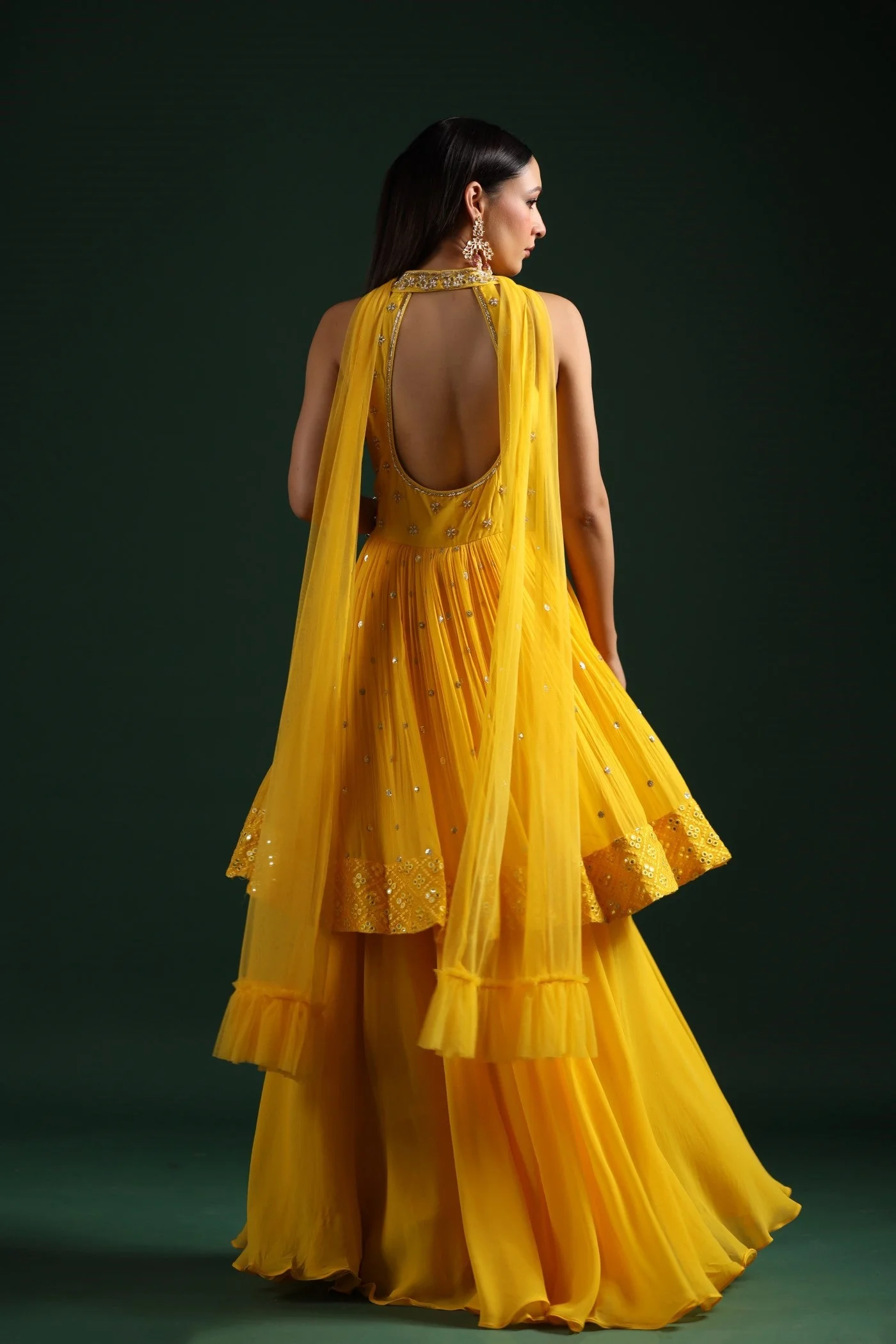 Festive Yellow Mirror Embroidered Peplum Set - Image 6