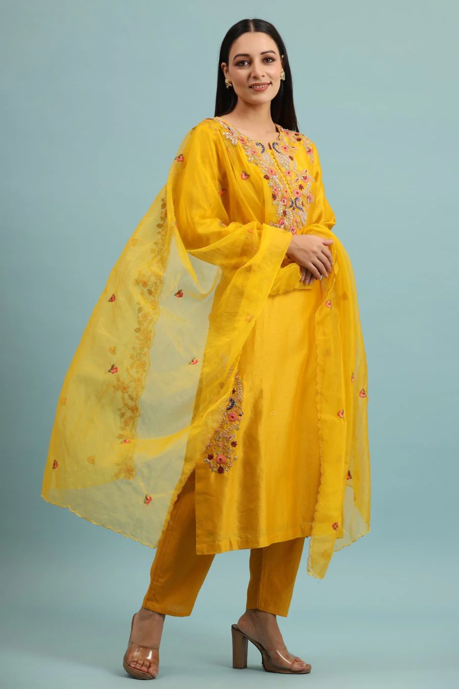 Festive Yellow Modal Chanderi Embroidered Kurta Set - Image 3