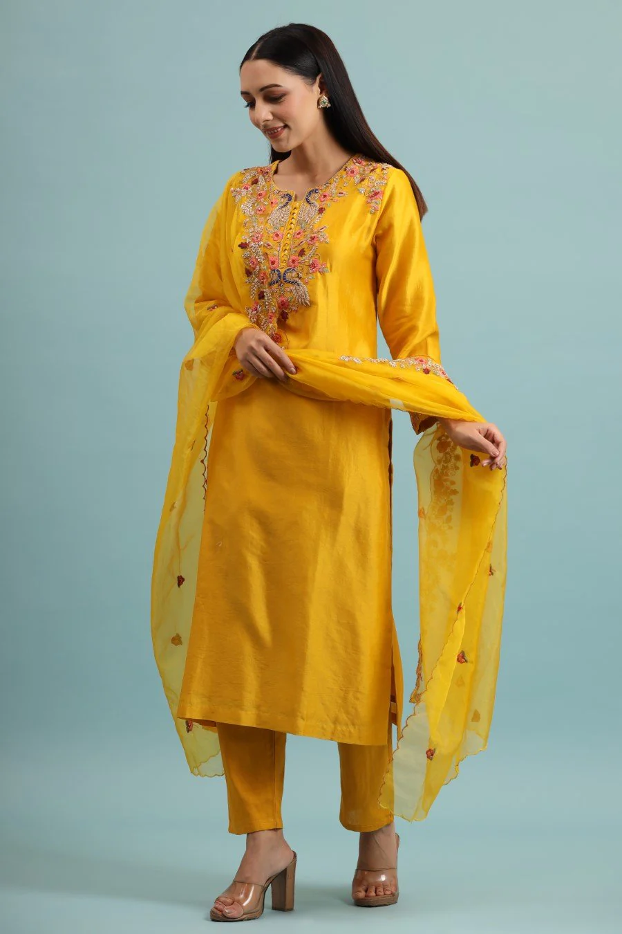 Festive Yellow Modal Chanderi Embroidered Kurta Set - Image 4