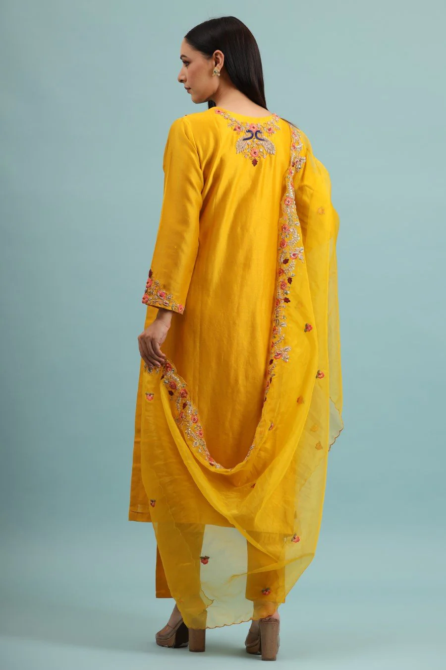 Festive Yellow Modal Chanderi Embroidered Kurta Set - Image 5