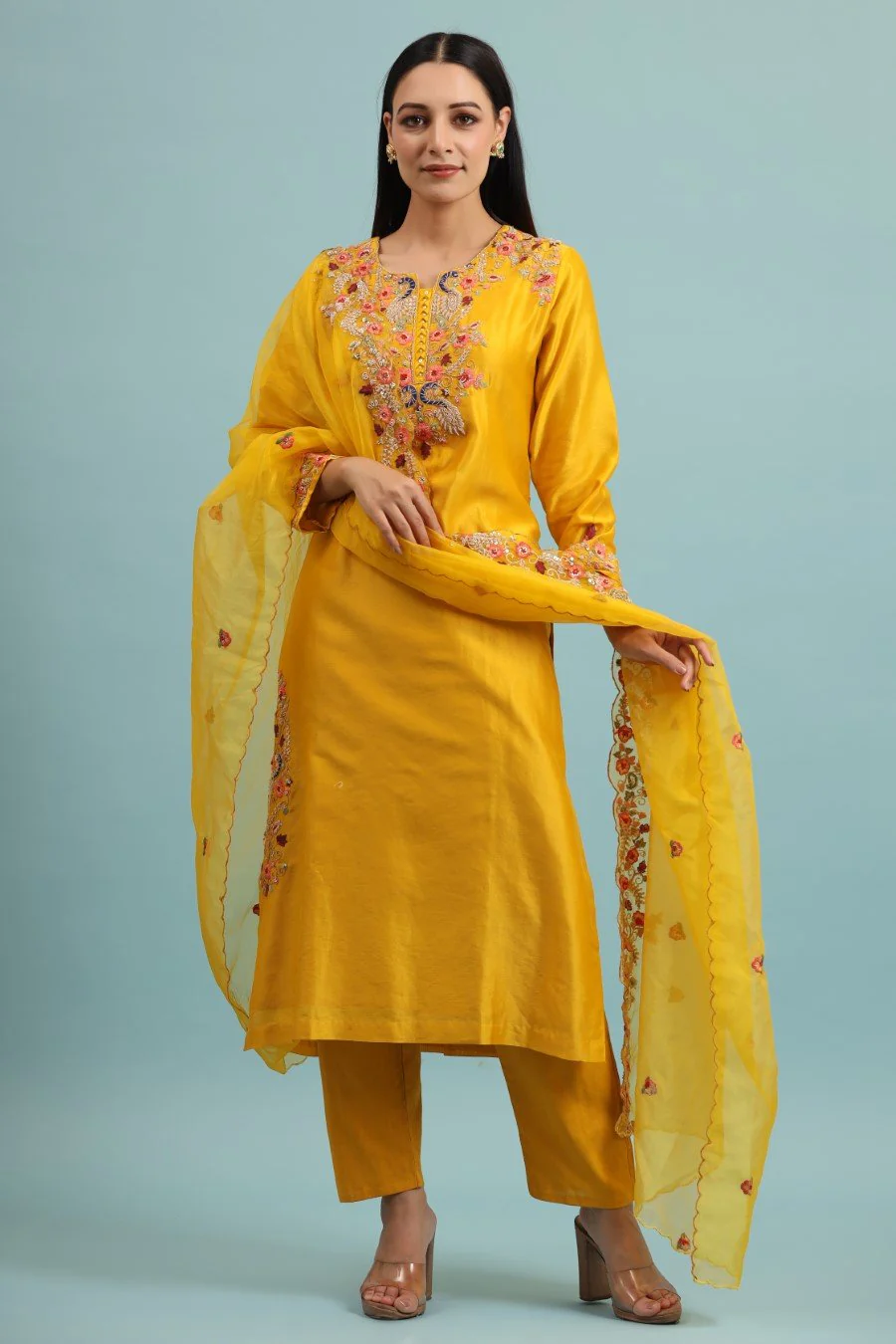 Festive Yellow Modal Chanderi Embroidered Kurta Set - Image 6