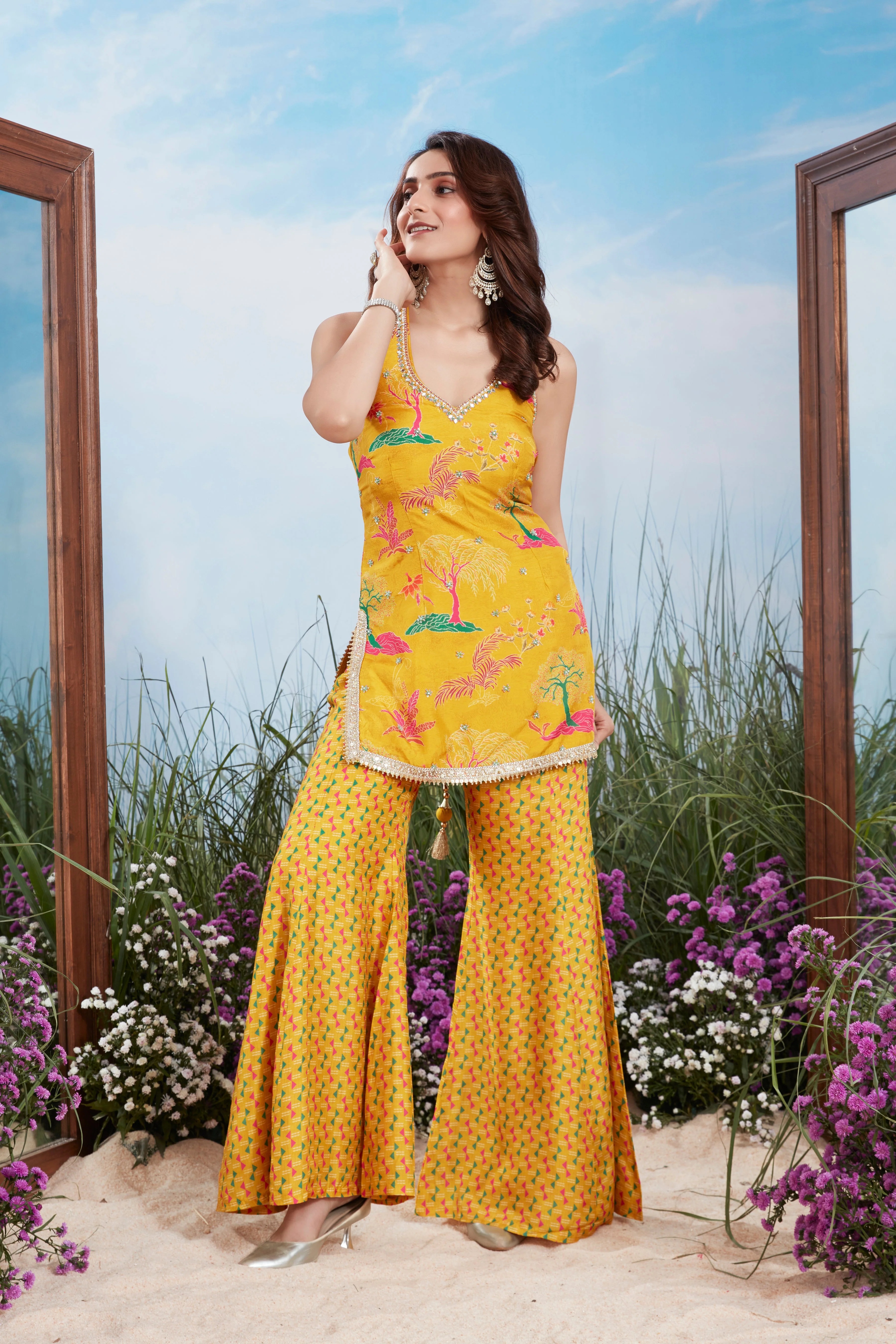 Festive Yellow Multi-Print Premium Silk Palazzo Set - Image 2