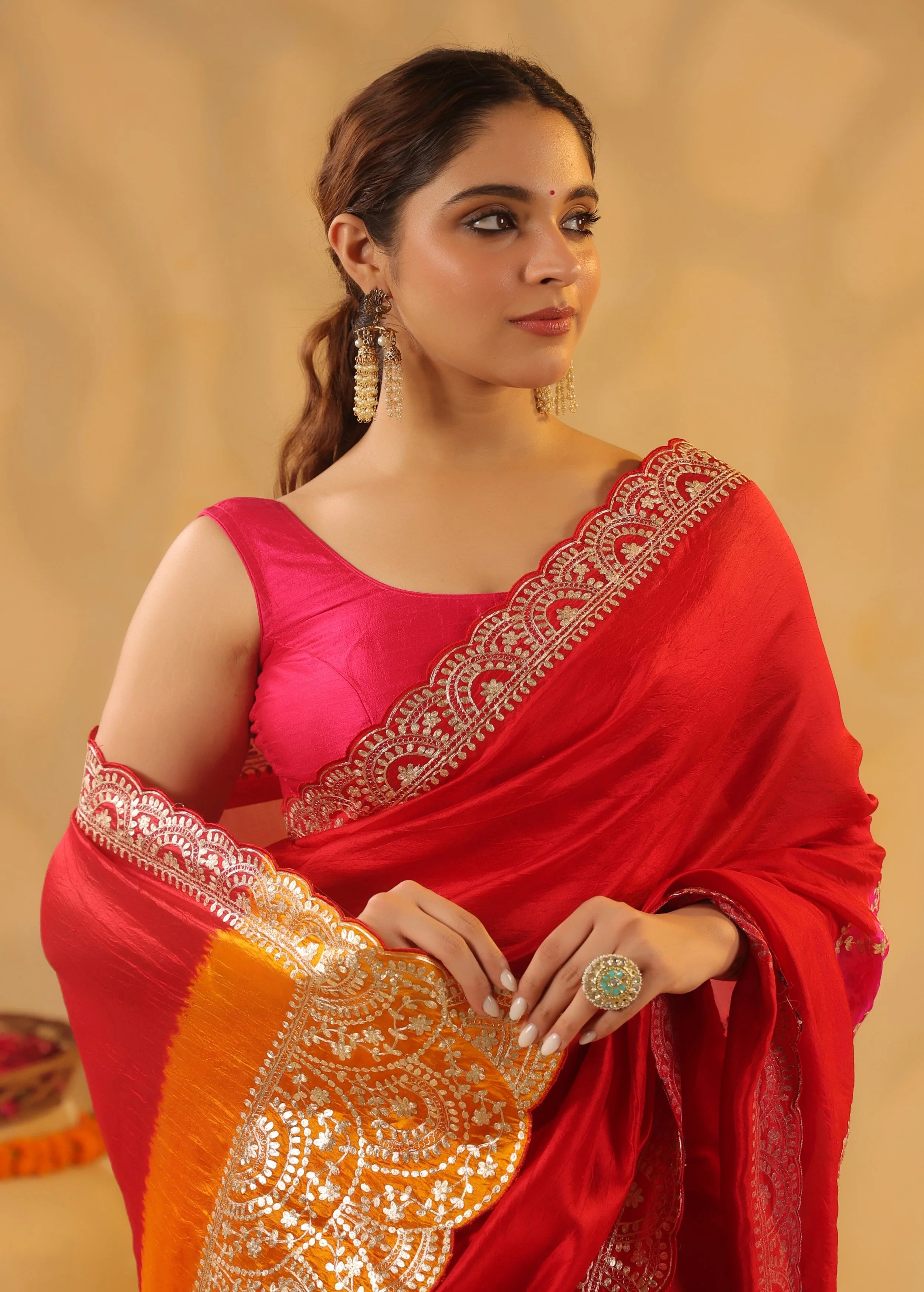Fiery Red Bandhani Premium Silk Saree - Image 3