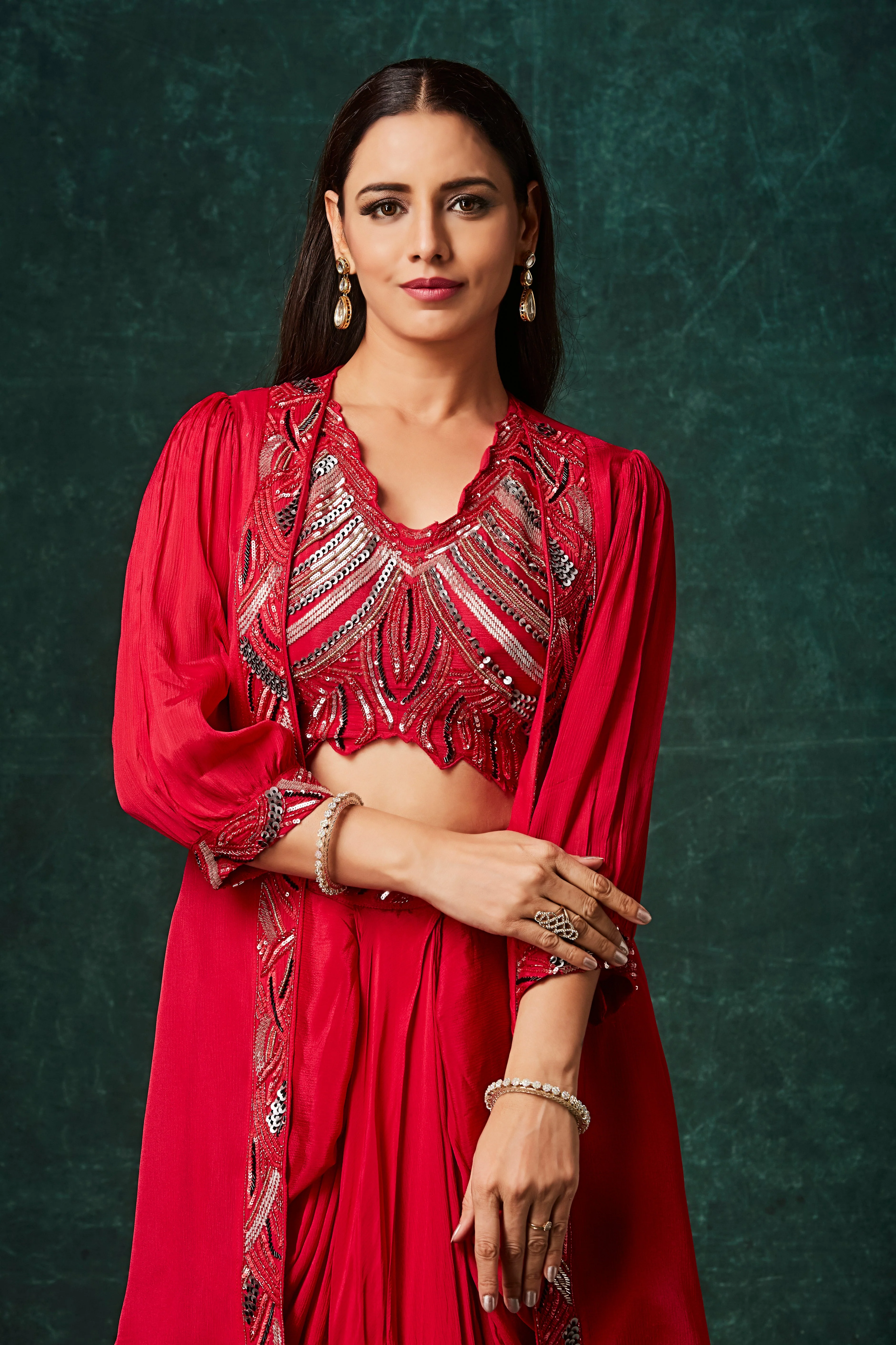 Fiery Red Embellished Chinon Silk Skirt Set - Image 2