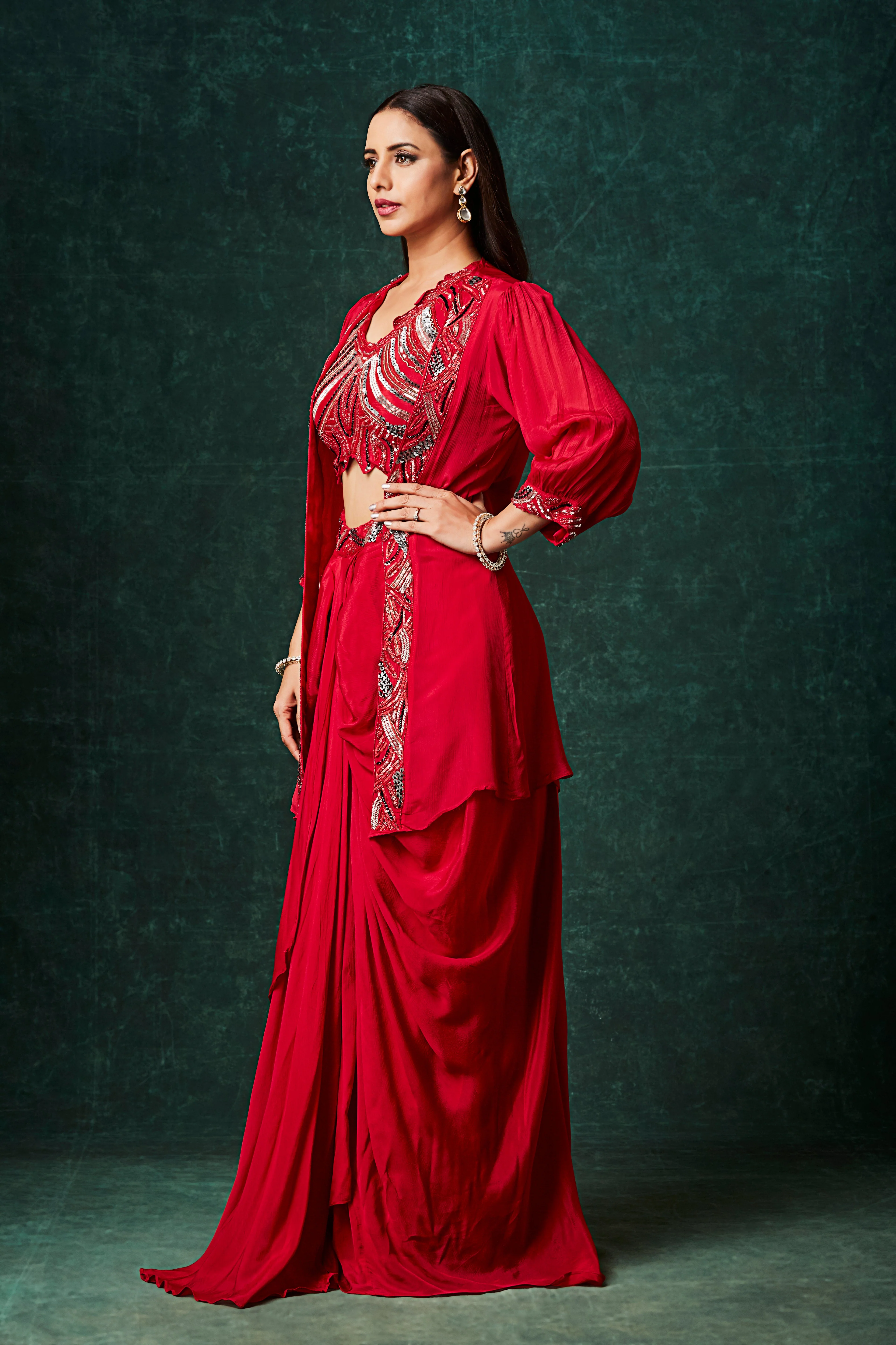 Fiery Red Embellished Chinon Silk Skirt Set - Image 3