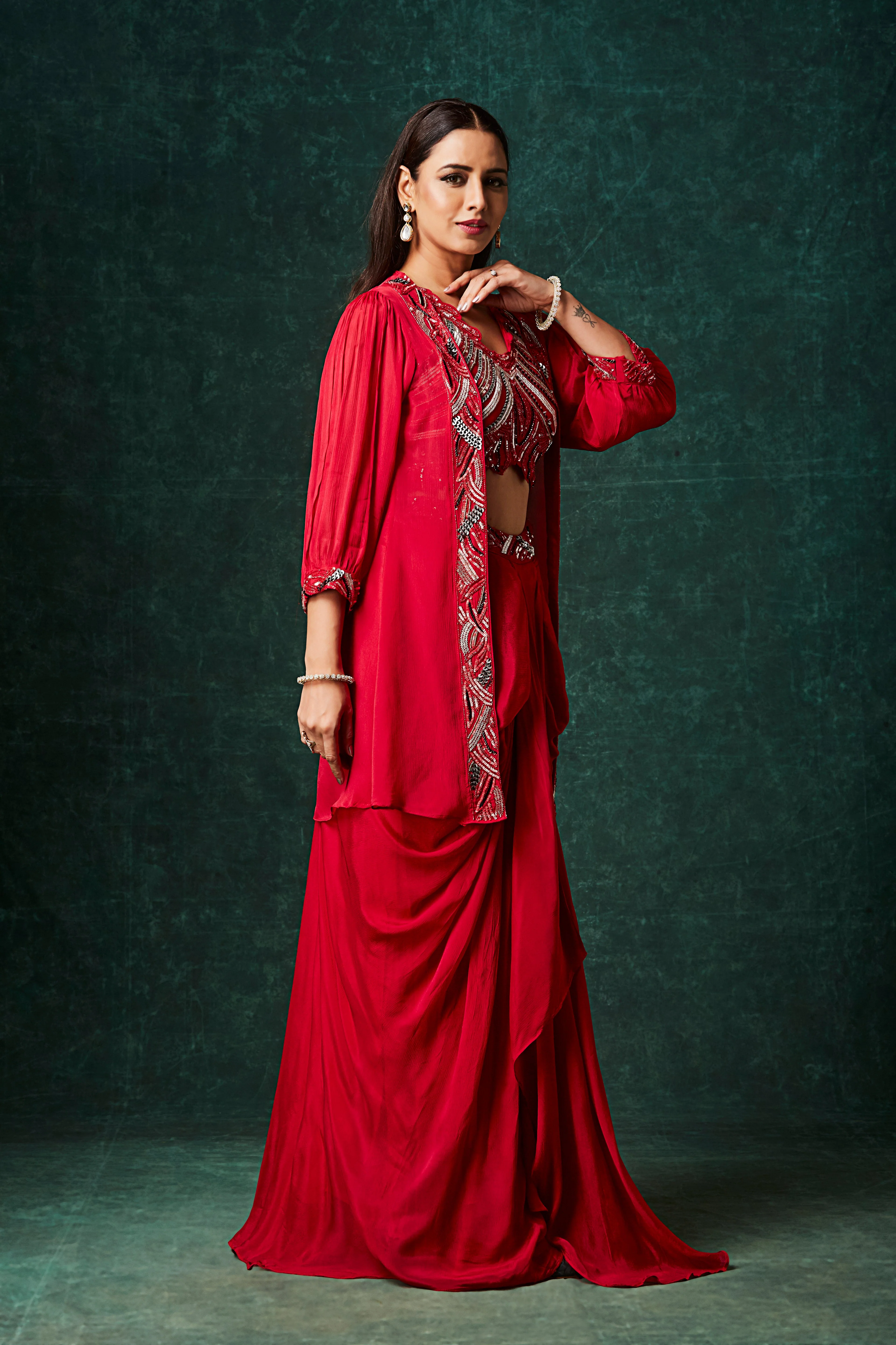 Fiery Red Embellished Chinon Silk Skirt Set - Image 4