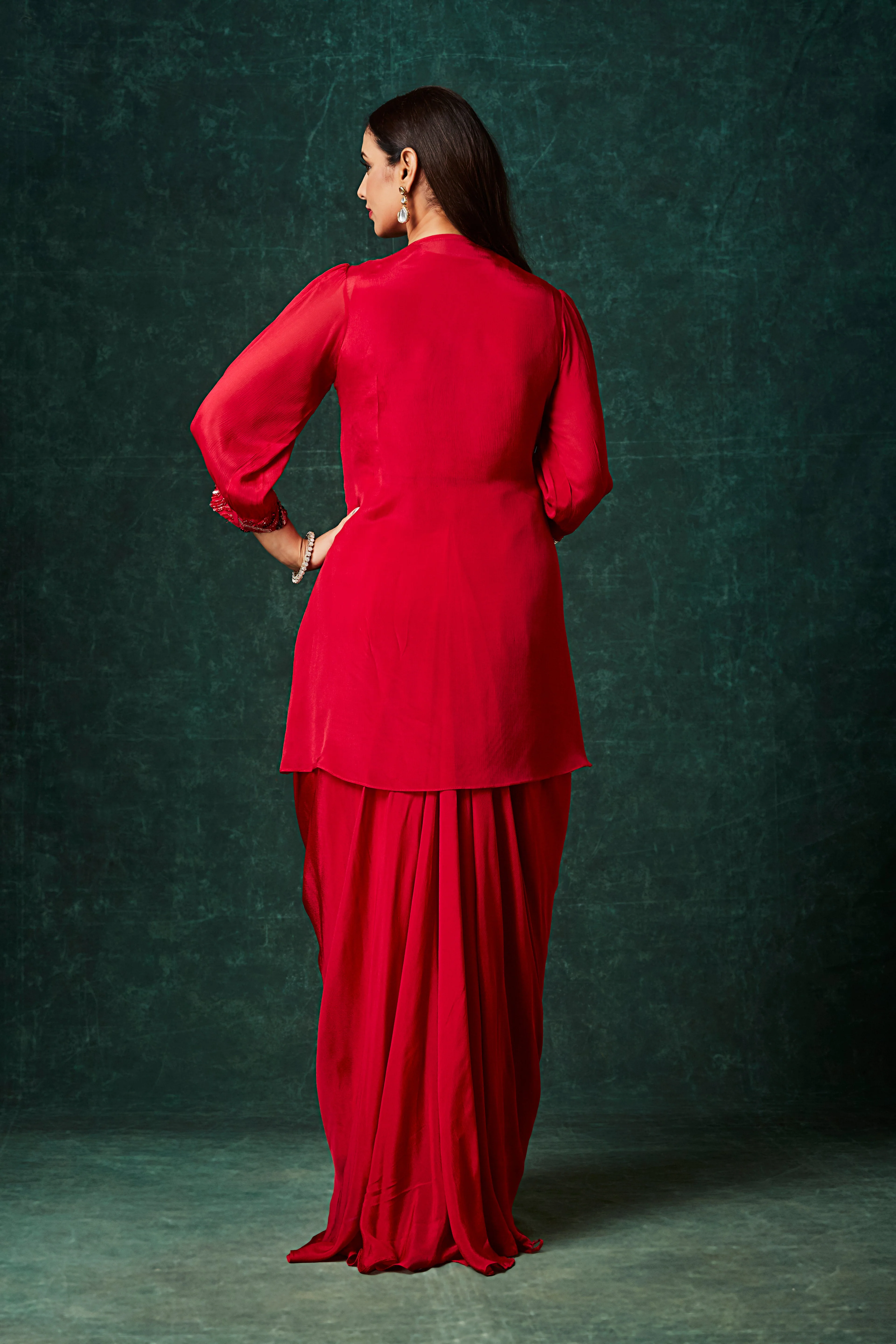 Fiery Red Embellished Chinon Silk Skirt Set - Image 5
