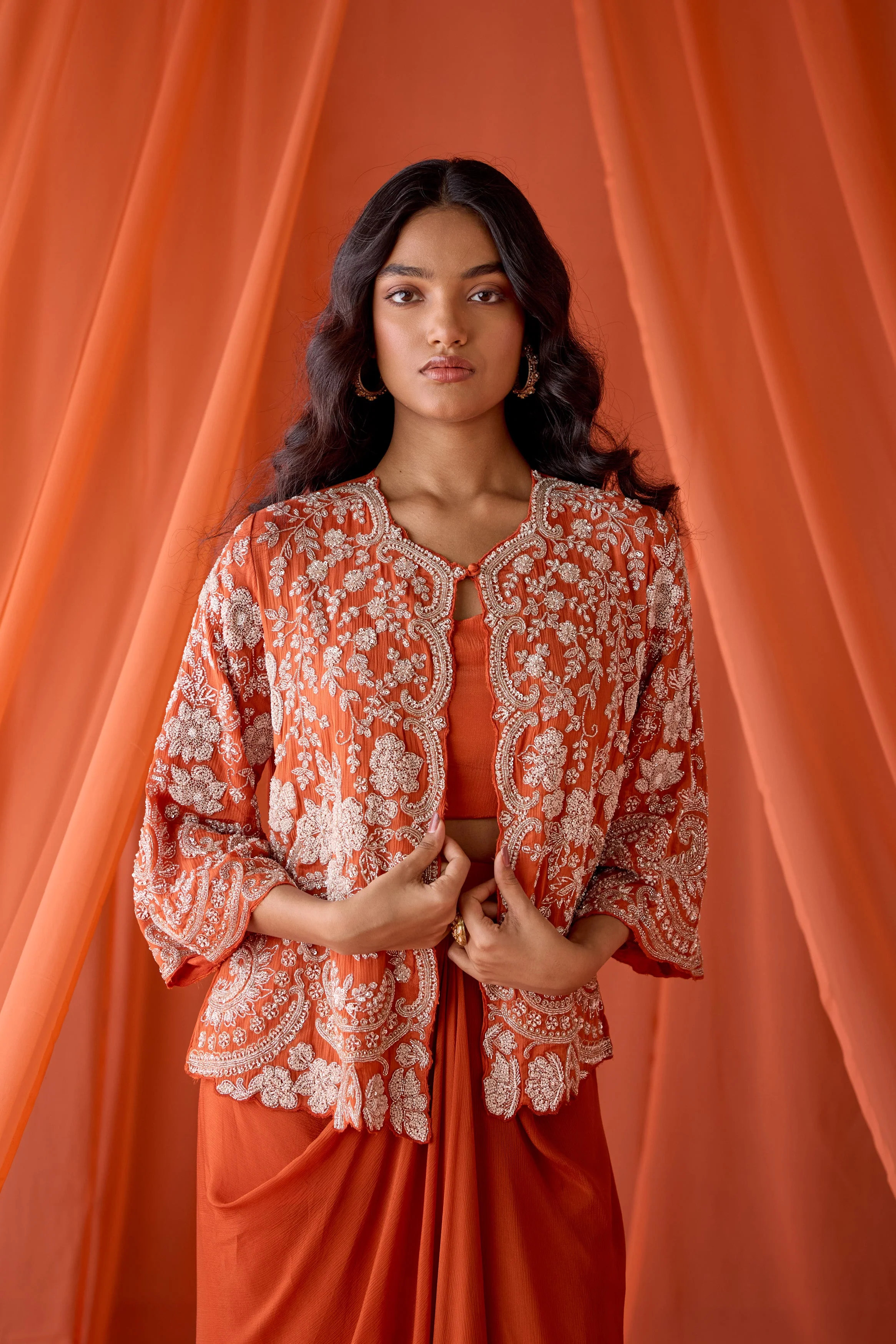 Fire Orange Embellished Chinon Silk Skirt Set - Image 3