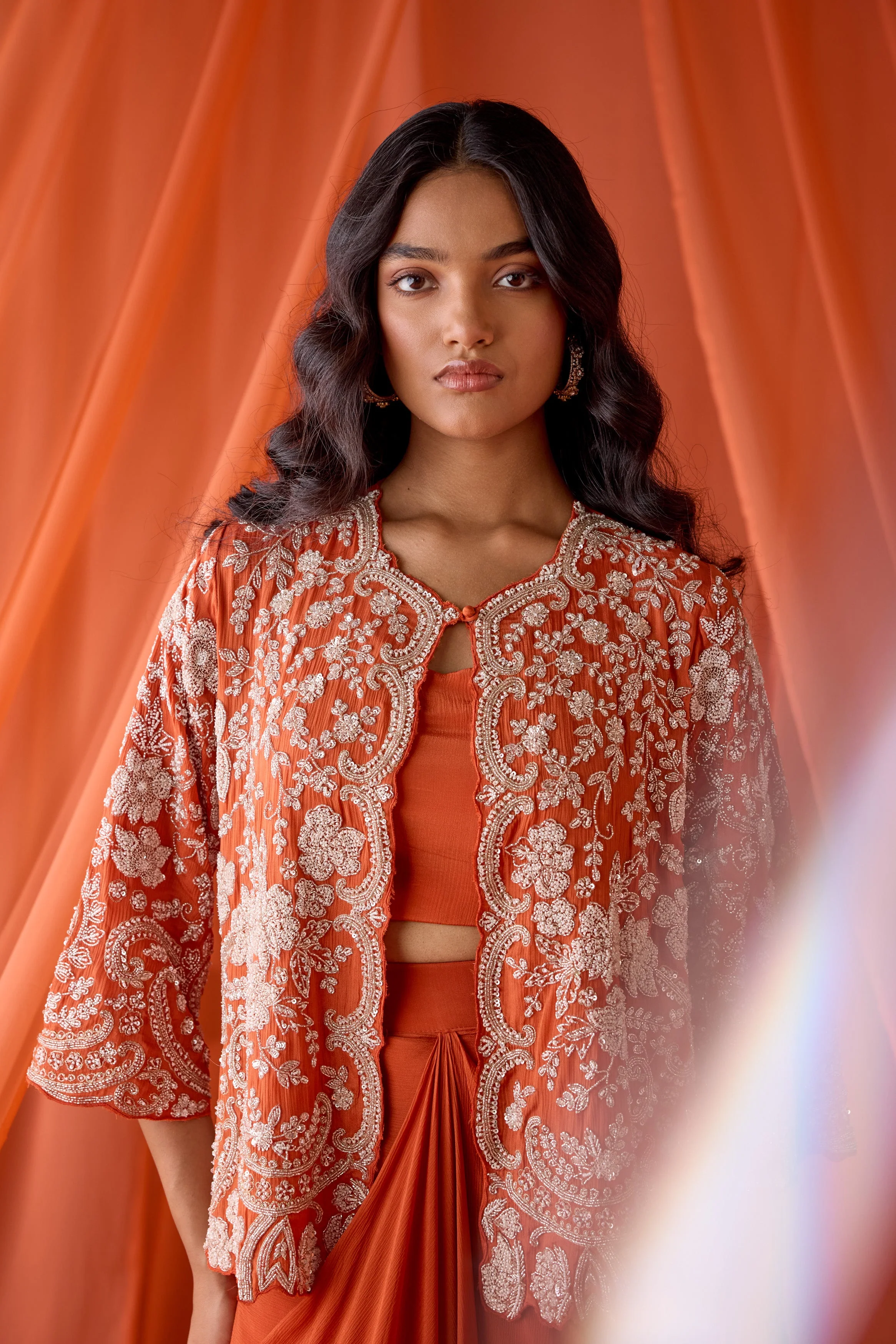 Fire Orange Embellished Chinon Silk Skirt Set - Image 4