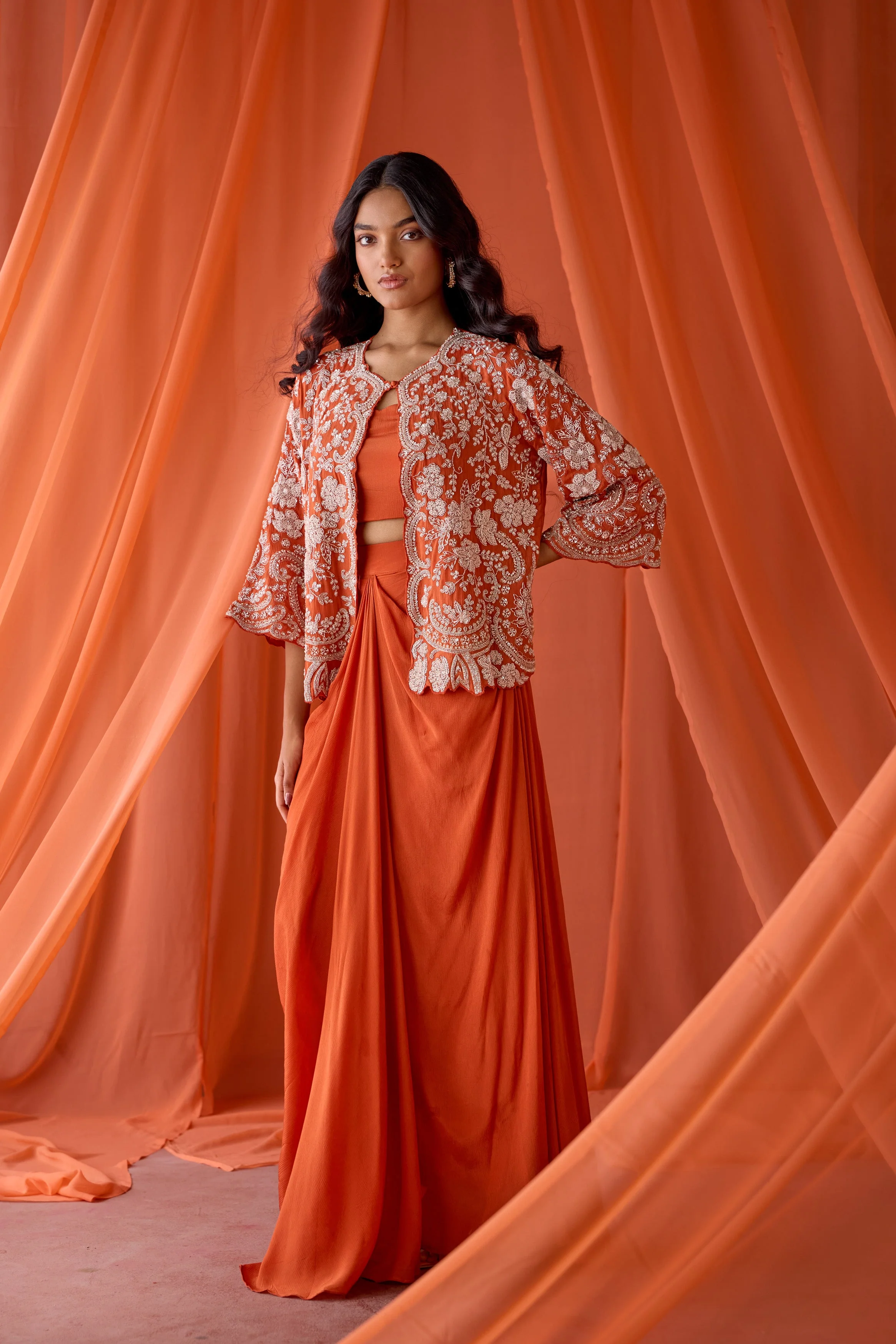 Fire Orange Embellished Chinon Silk Skirt Set - Image 5