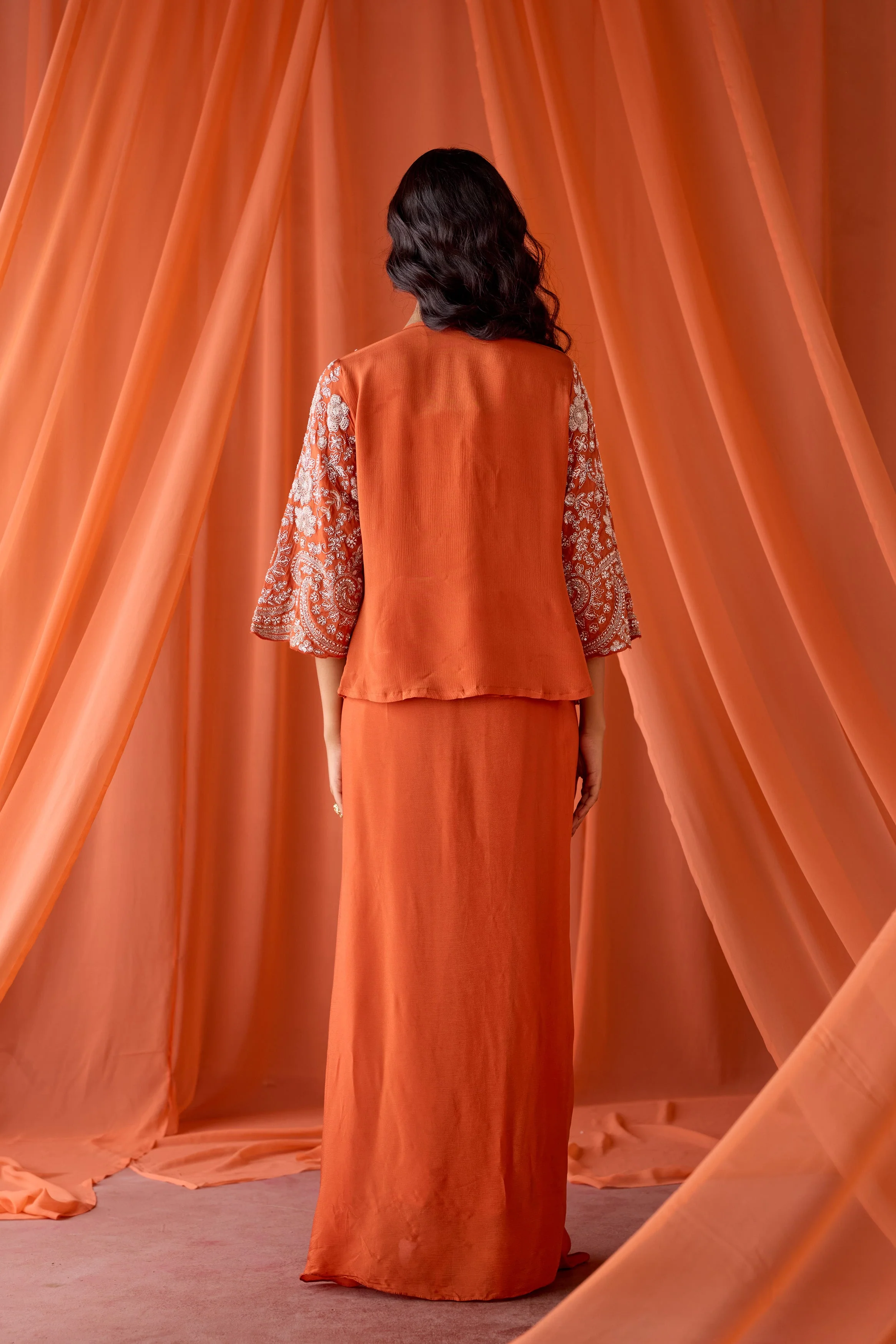 Fire Orange Embellished Chinon Silk Skirt Set - Image 6