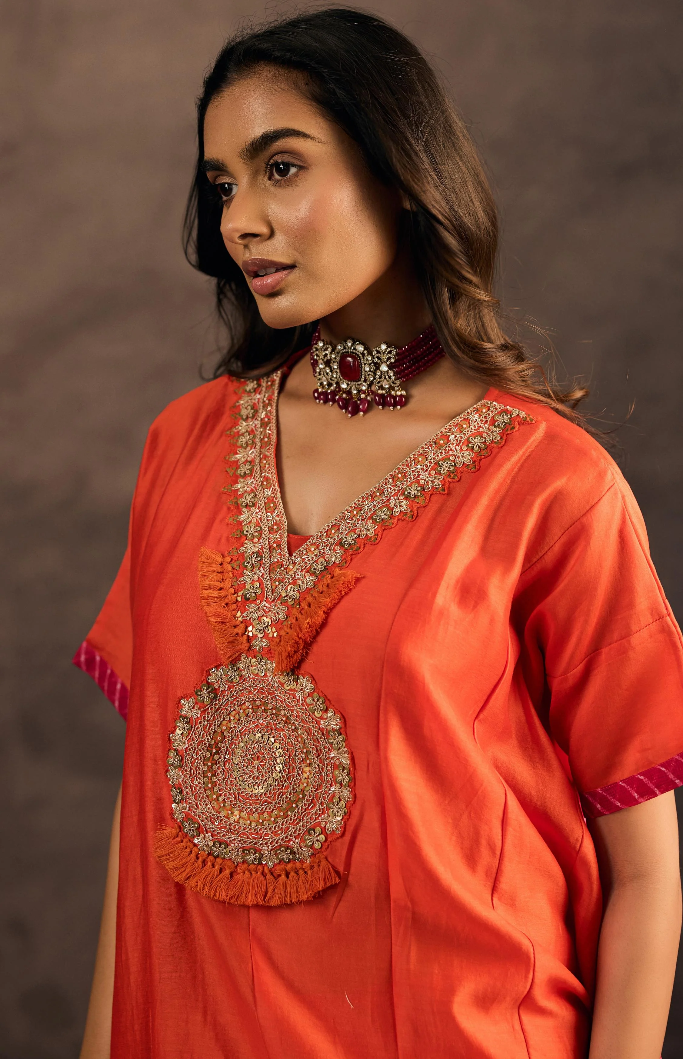 Flame Orange Embellished Organza Tissue Silk Kaftan Set - Image 2