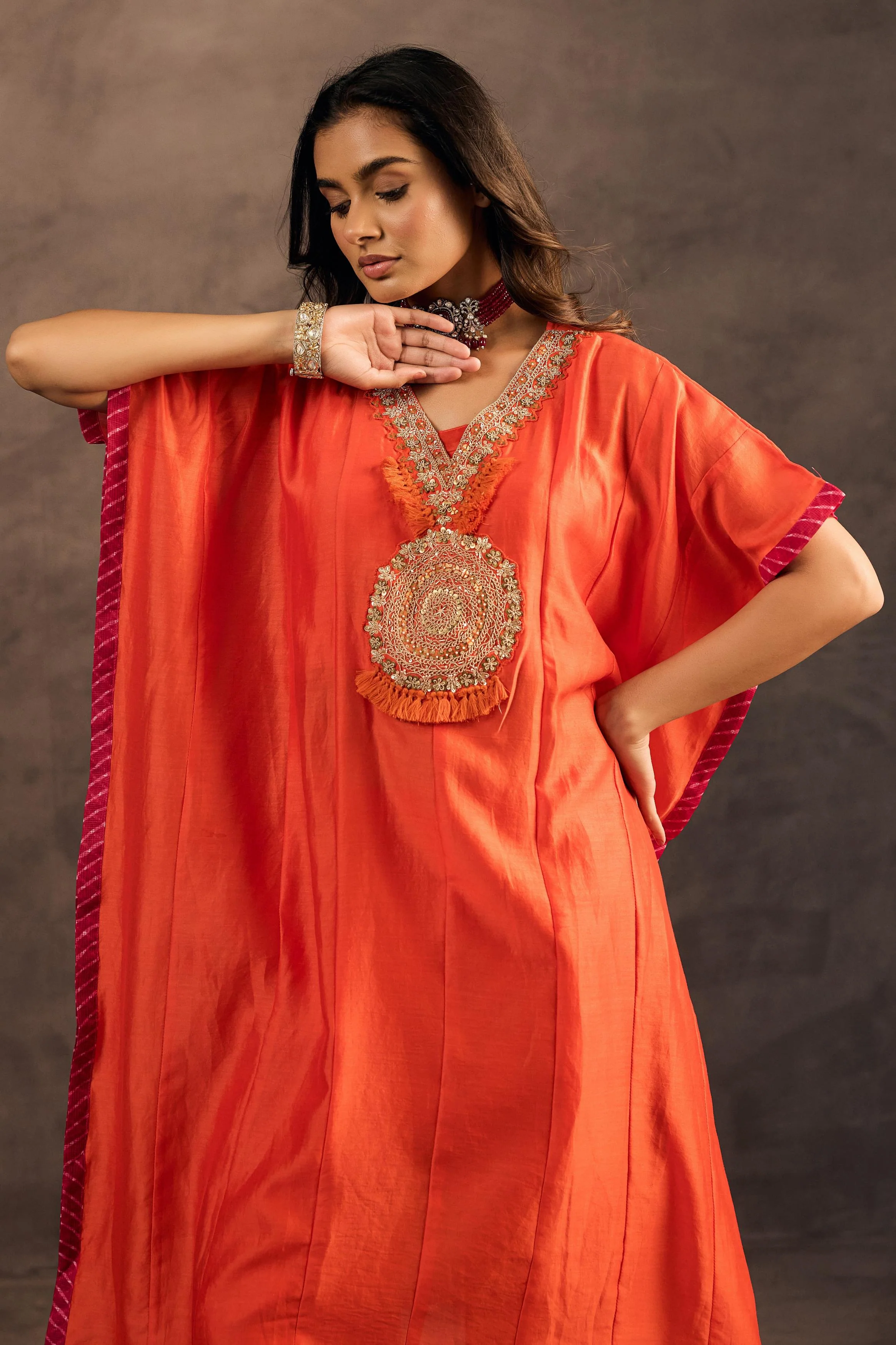 Flame Orange Embellished Organza Tissue Silk Kaftan Set - Image 3