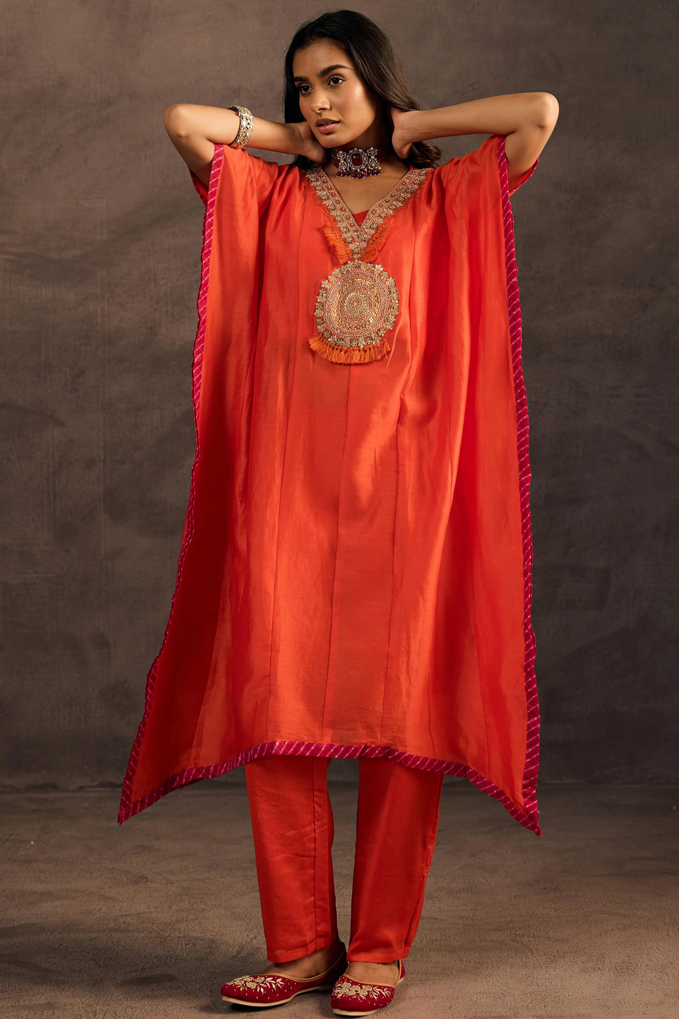 Flame Orange Embellished Organza Tissue Silk Kaftan Set - Image 4