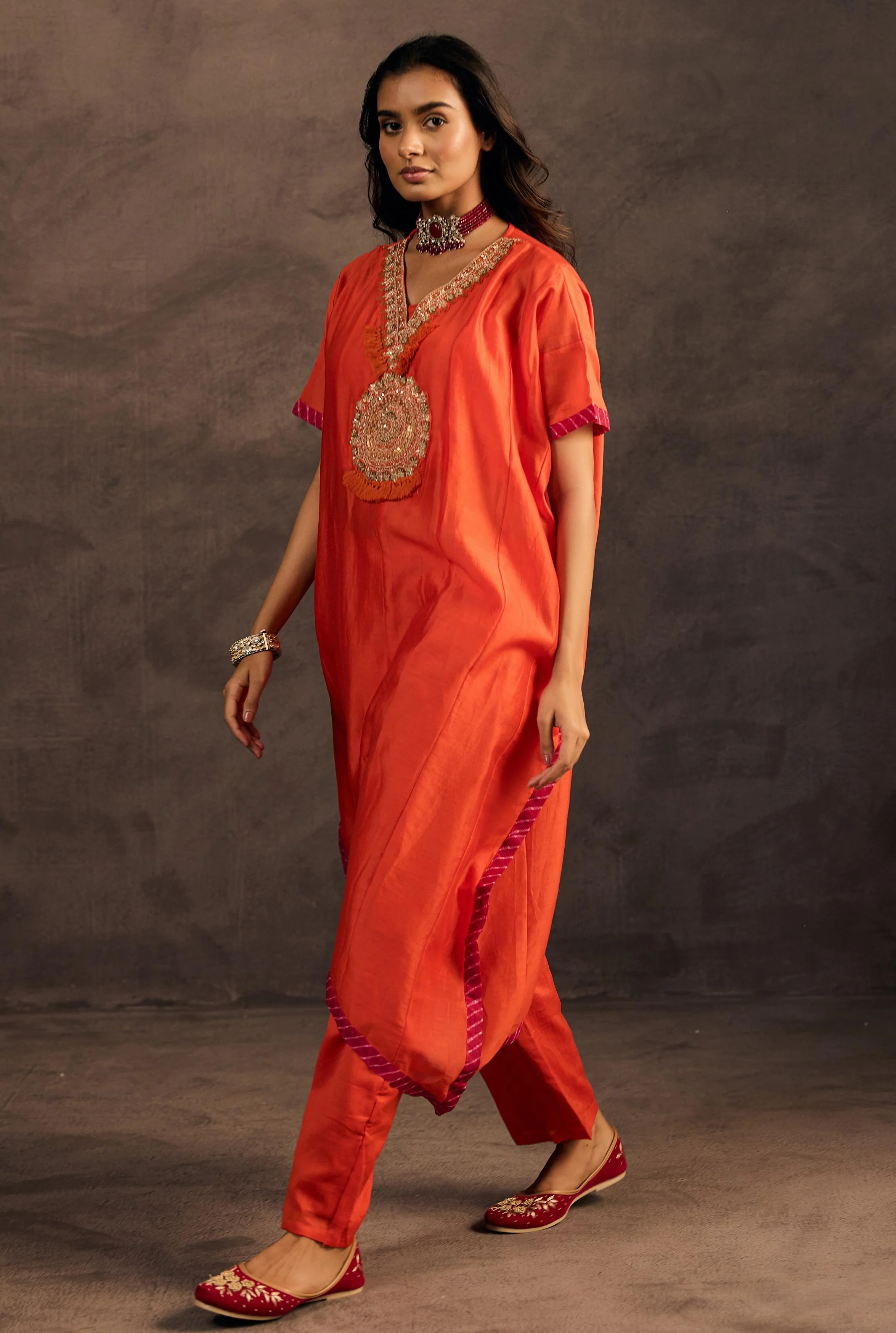 Flame Orange Embellished Organza Tissue Silk Kaftan Set - Image 5