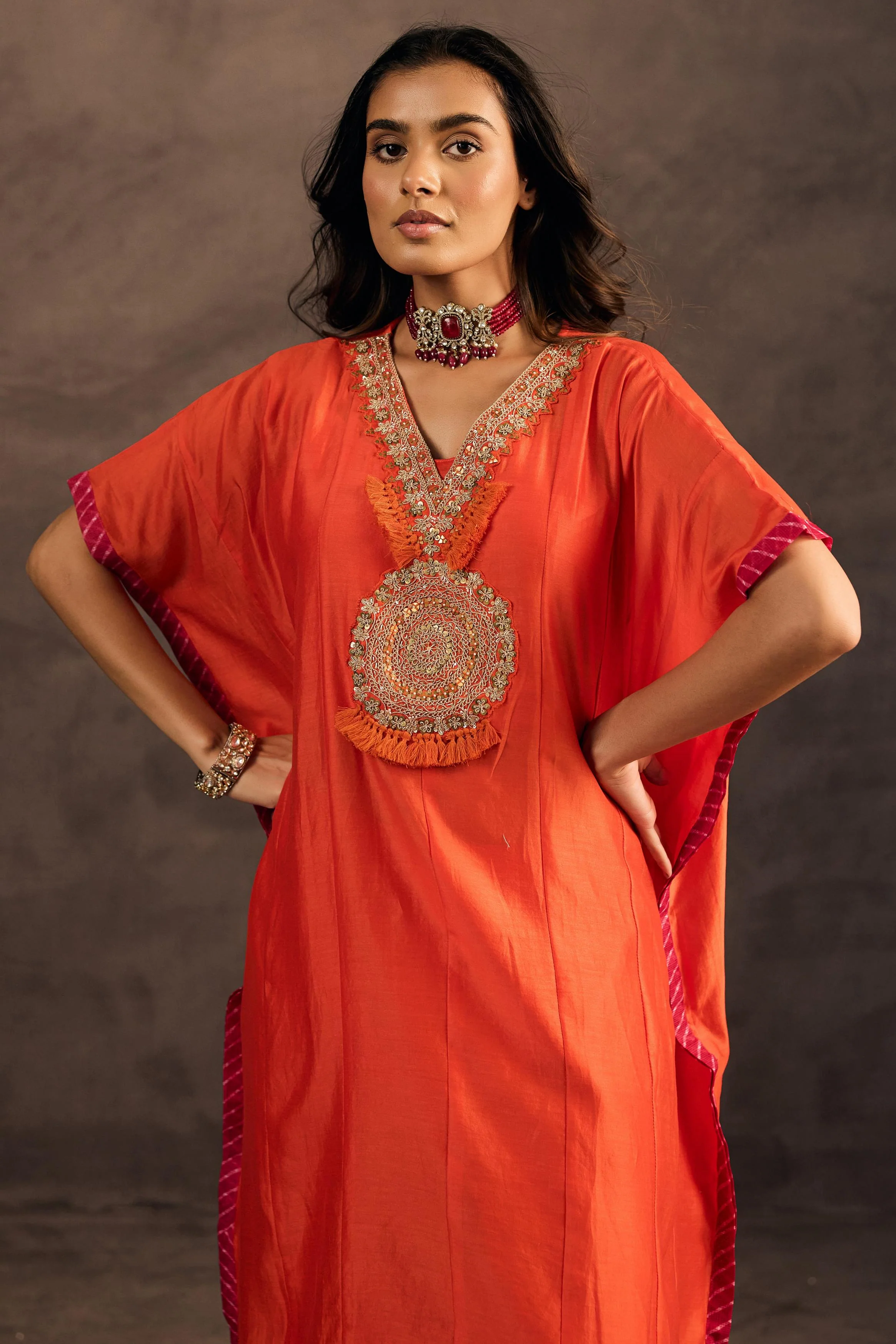 Flame Orange Embellished Organza Tissue Silk Kaftan Set - Image 6