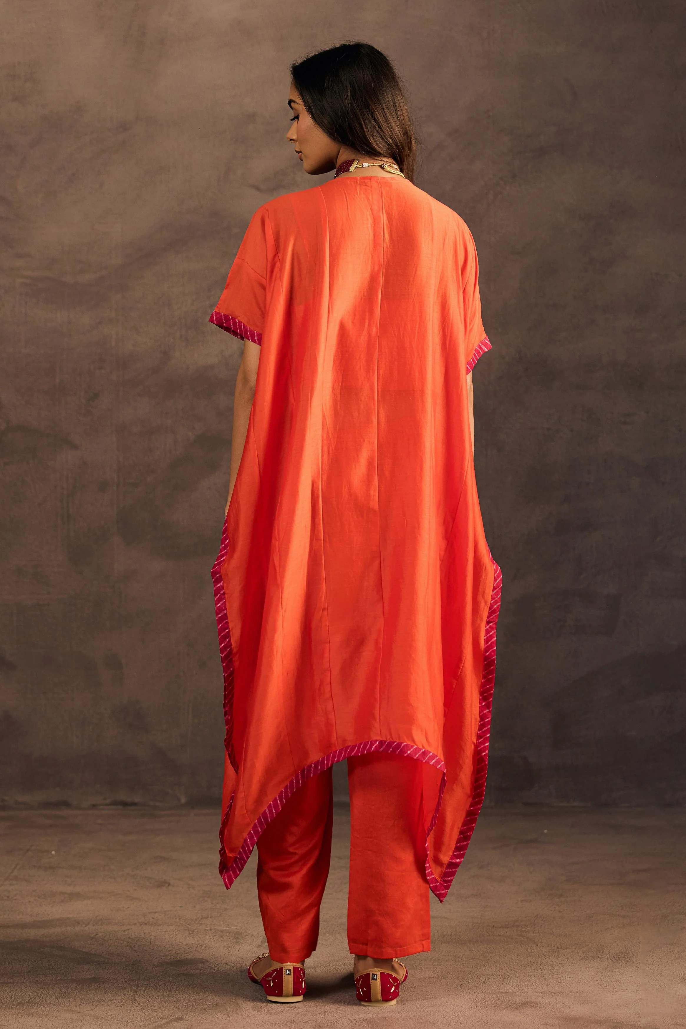 Flame Orange Embellished Organza Tissue Silk Kaftan Set - Image 7