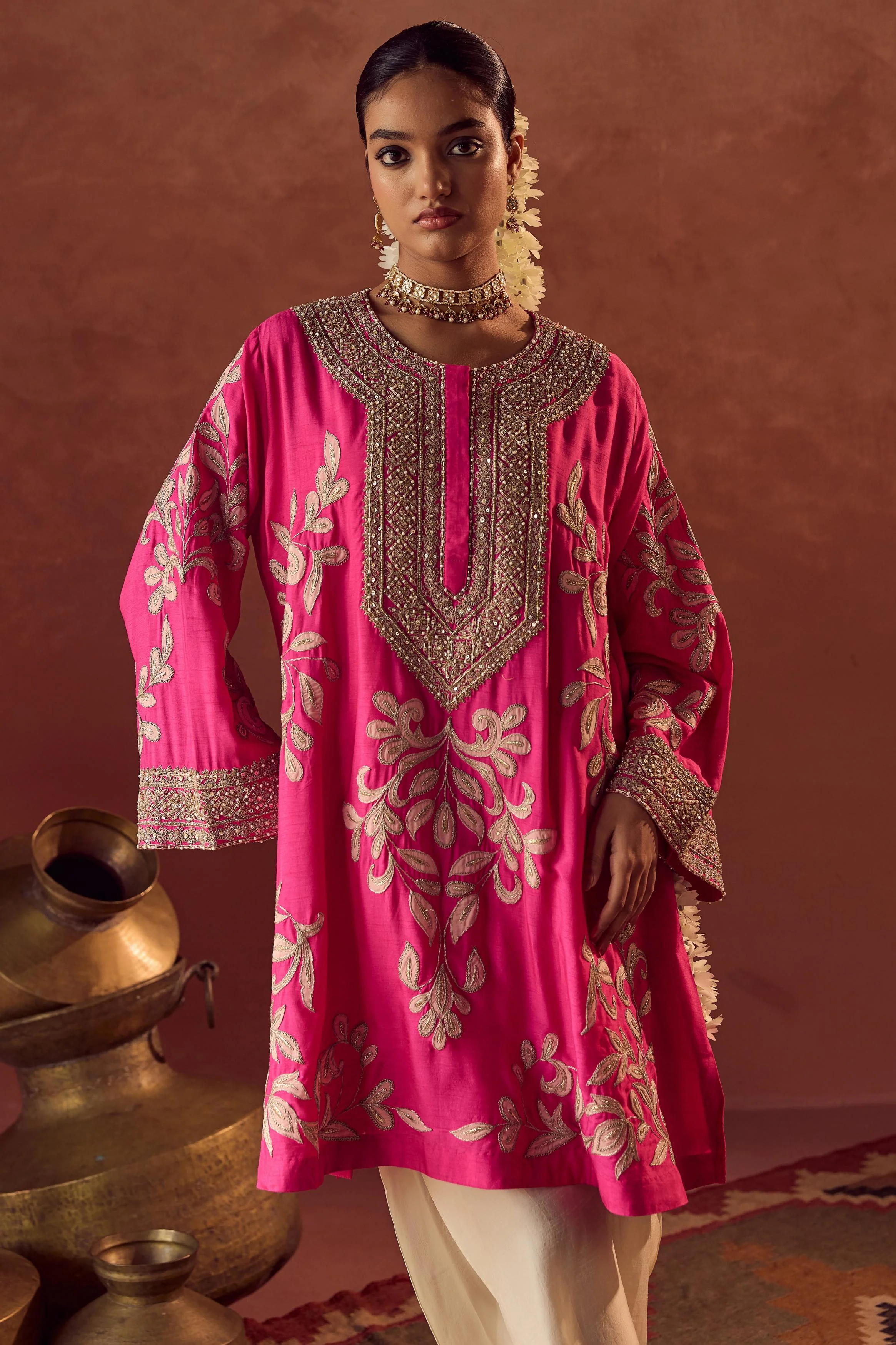 Flamingo Pink Embellished Raw Silk Dhoti Set - Image 3