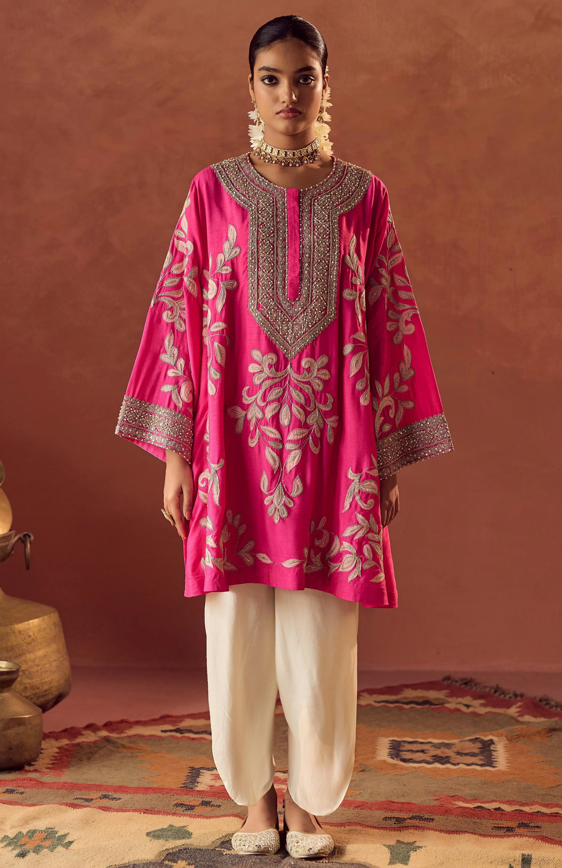 Flamingo Pink Embellished Raw Silk Dhoti Set - Image 4