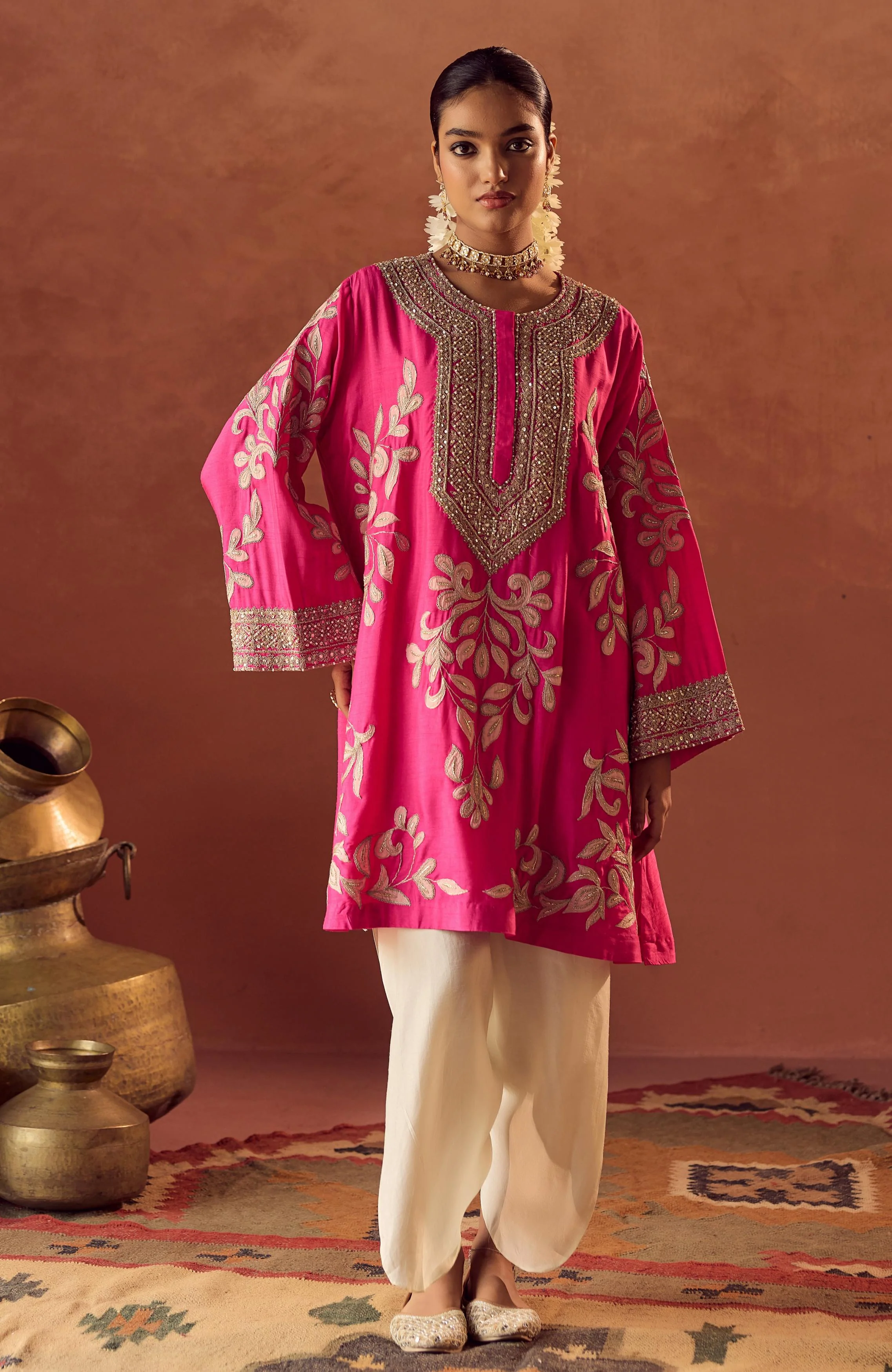 Flamingo Pink Embellished Raw Silk Dhoti Set - Image 5
