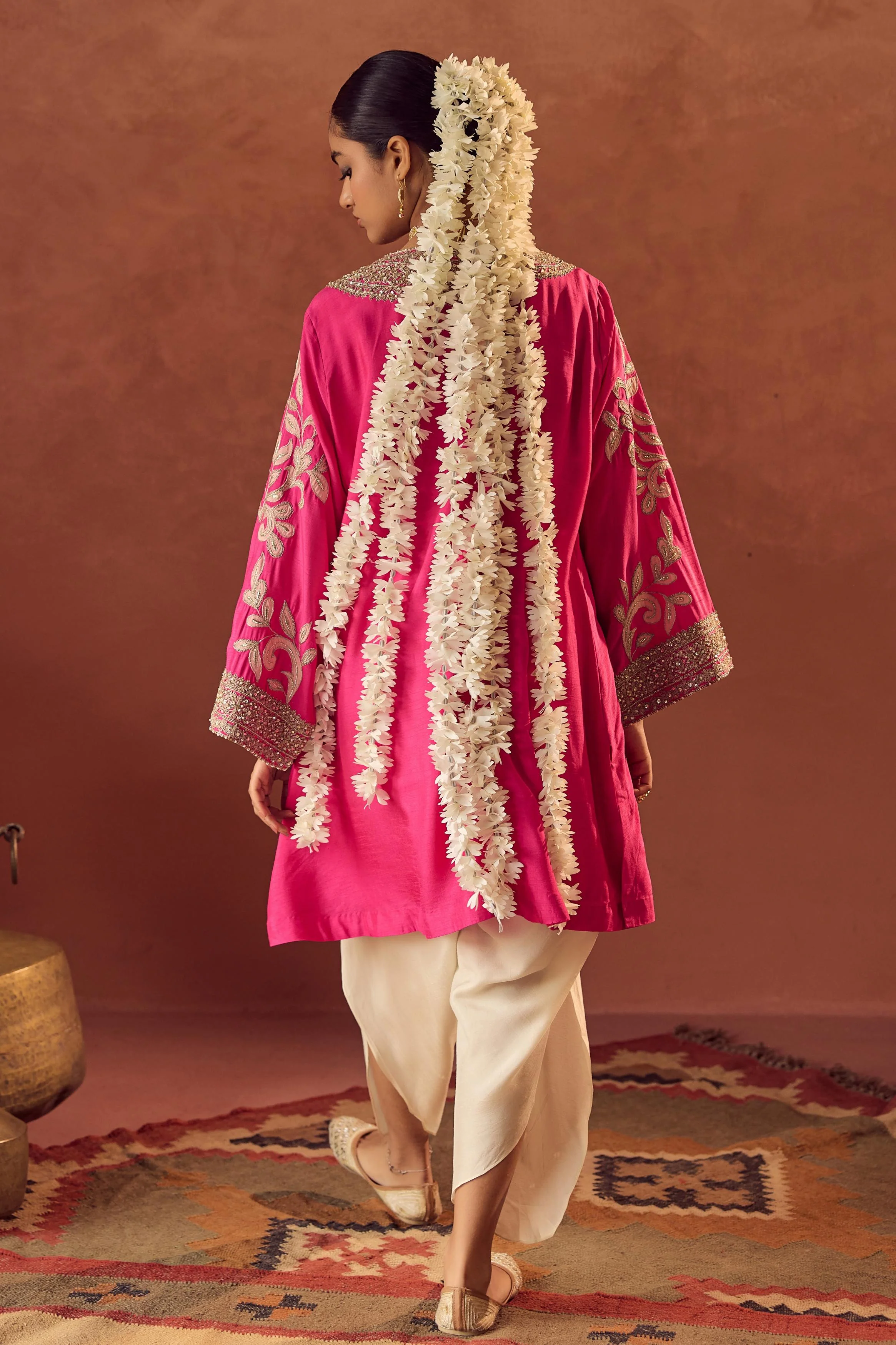 Flamingo Pink Embellished Raw Silk Dhoti Set - Image 6