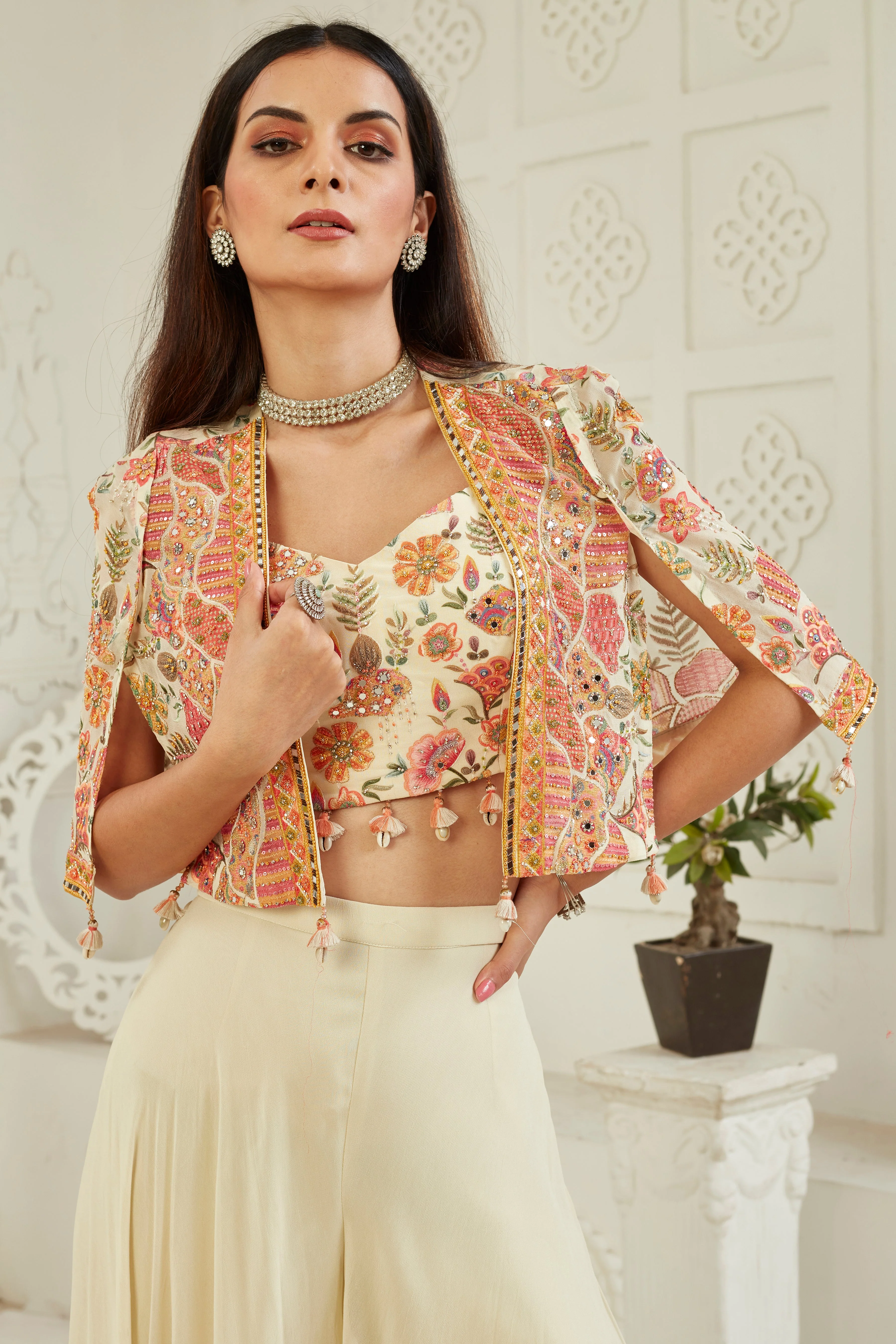Floral Cream Embellished Georgette Silk Cape Set - Image 2