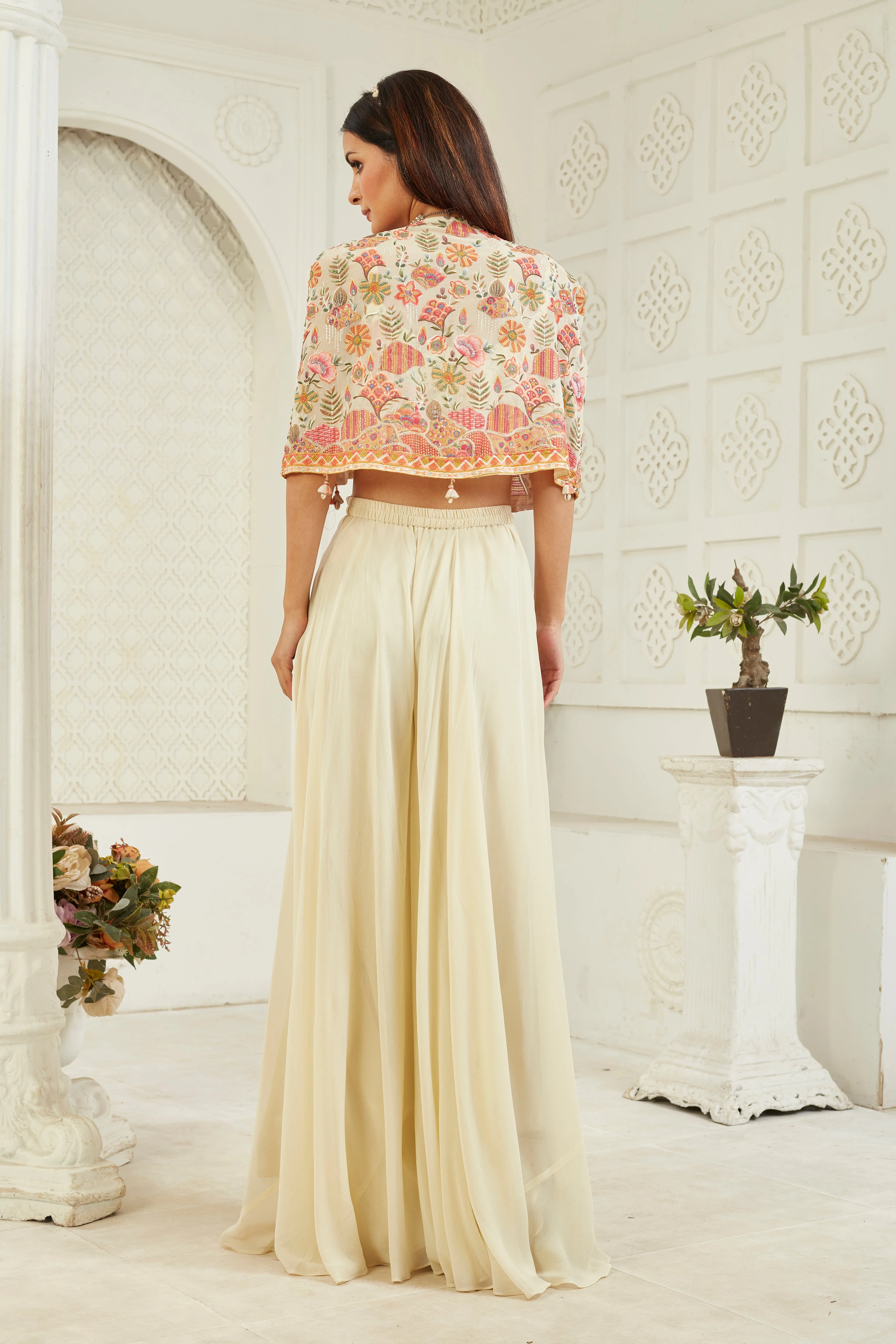 Floral Cream Embellished Georgette Silk Cape Set - Image 4