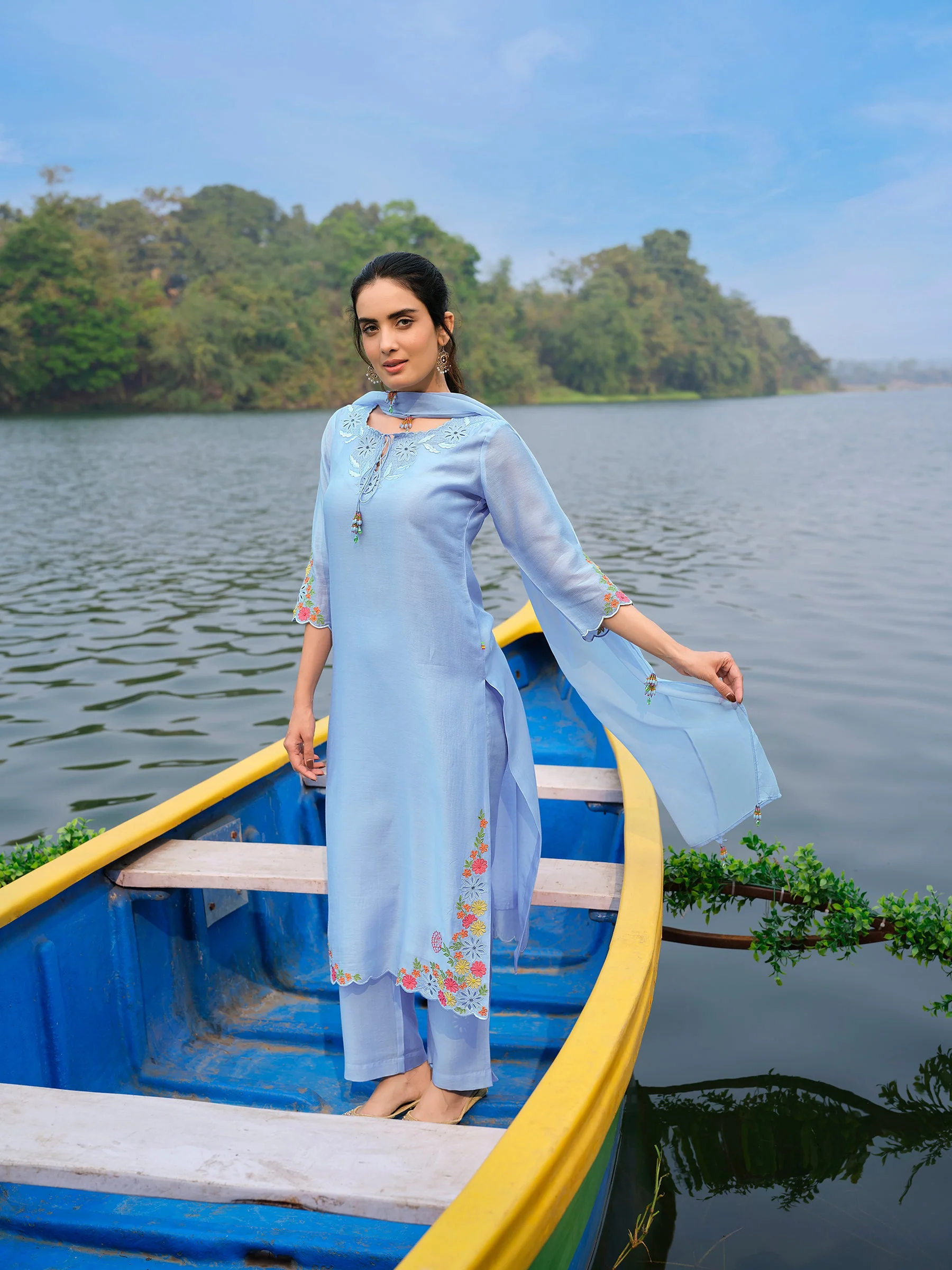 Powder Blue Floral Embroidered Chanderi Silk Pant Set