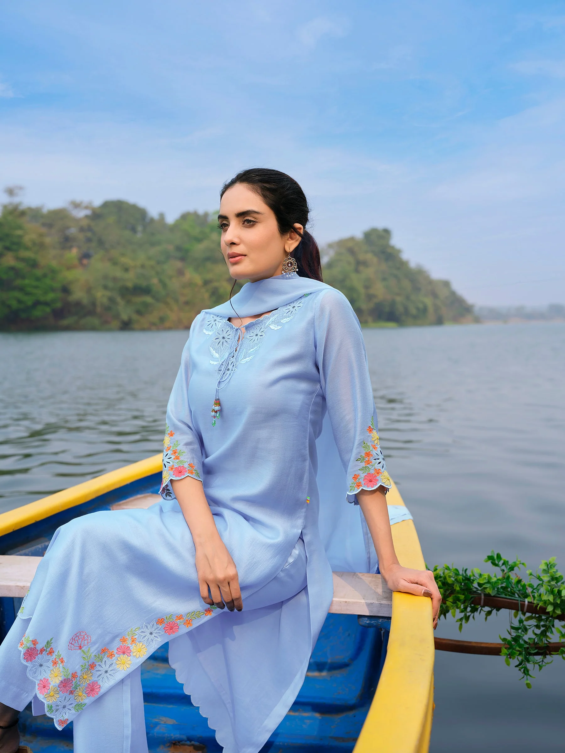Powder Blue Floral Embroidered Chanderi Silk Pant Set - Image 2