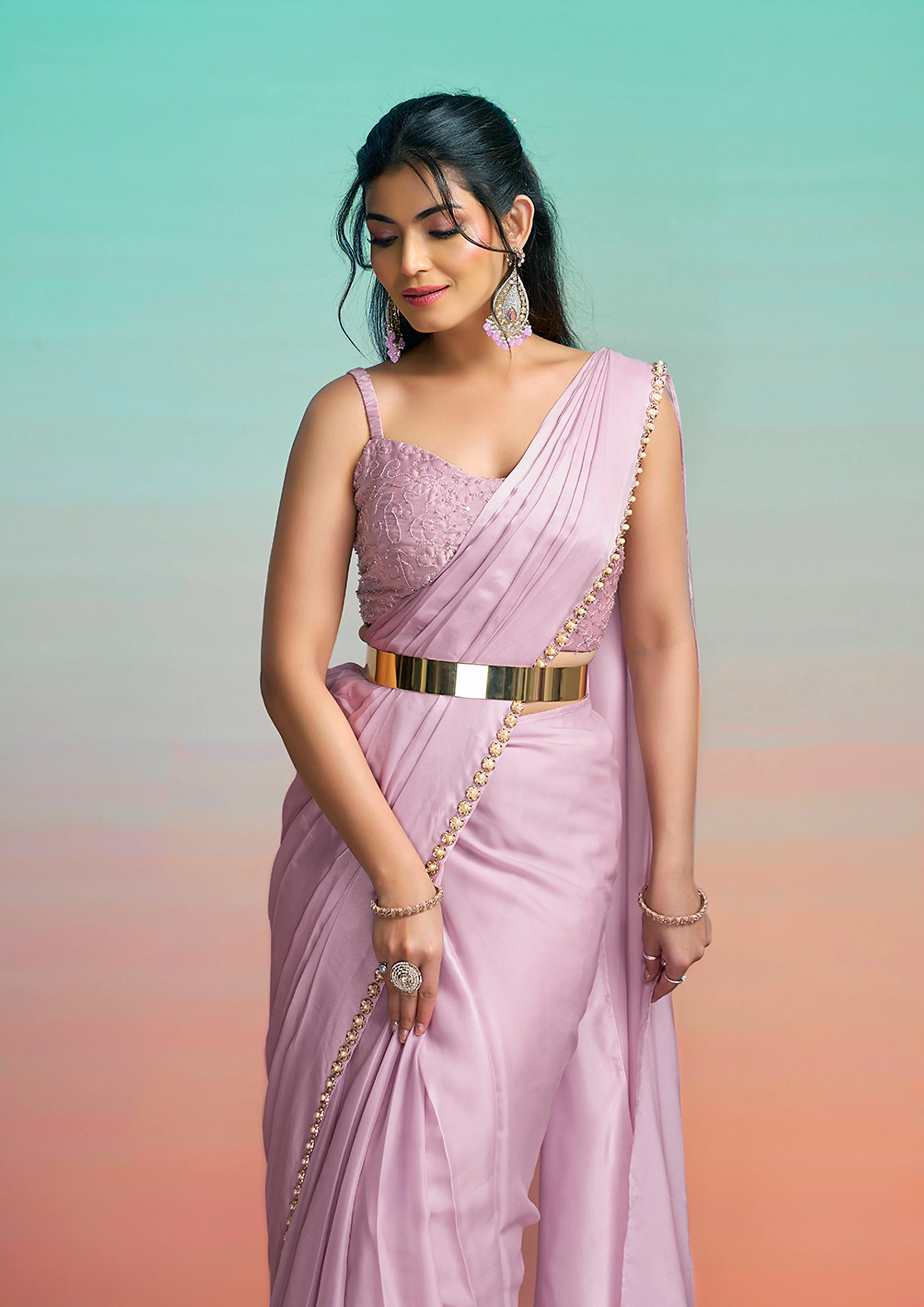 Lavender Embroidered Satin Silk Draped Saree - Image 5