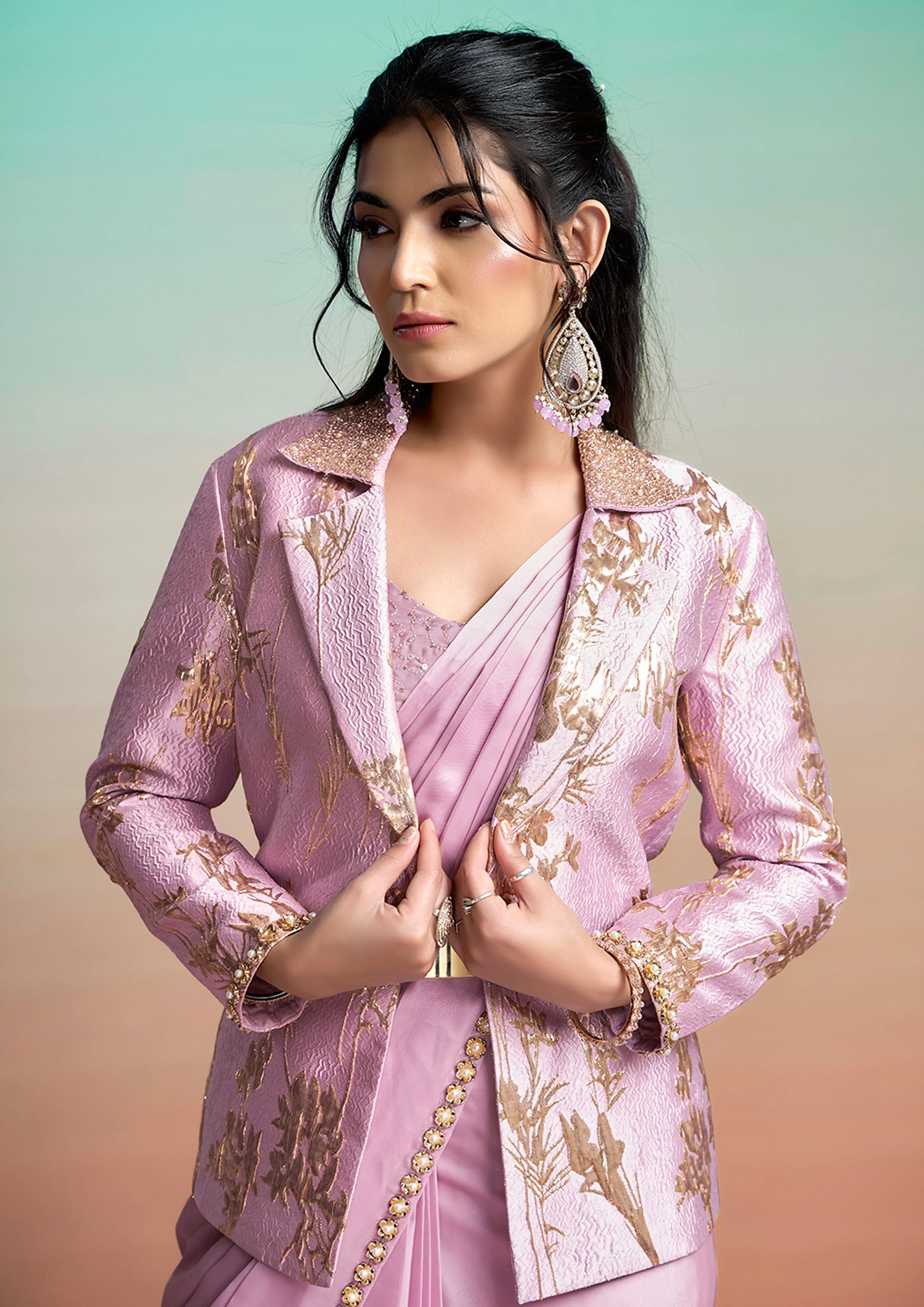 Lavender Embroidered Satin Silk Draped Saree - Image 7